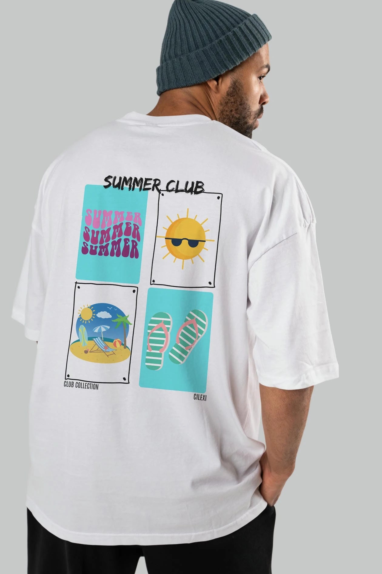 Summer Club Arka Baskılı Oversize t-shirt Erkek Kadın %100 Pamuk Bisiklet Yaka tişort