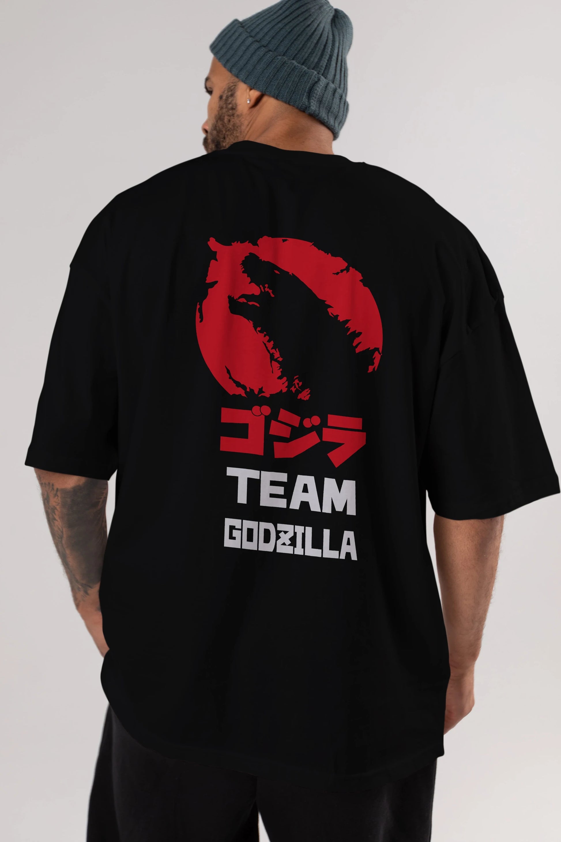 Team Godzilla Arka Baskılı Oversize t-shirt Erkek Kadın Unisex %100 Pamuk Bisiklet Yaka tişort
