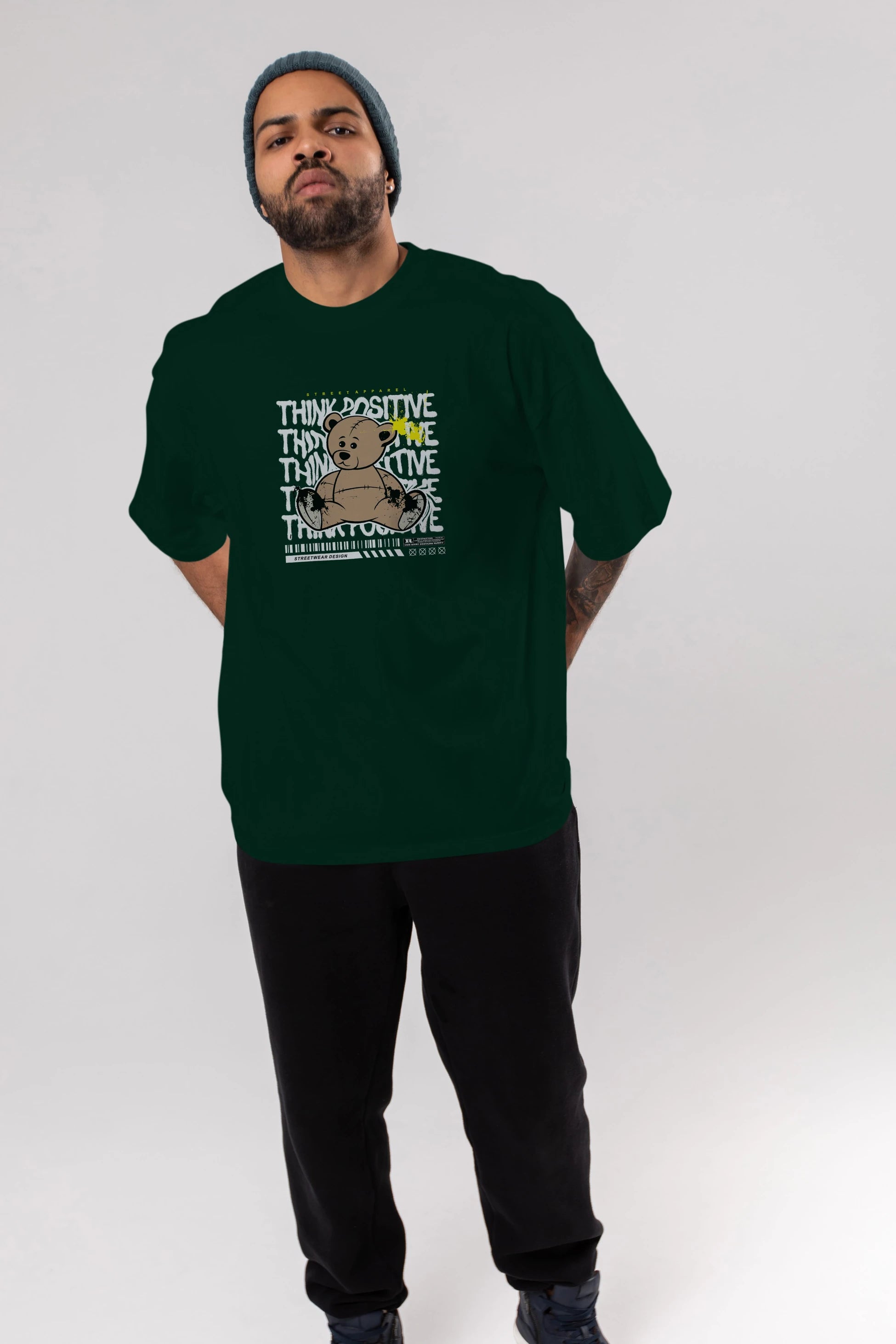 Teddy Bear Think Positive Ön Baskılı Oversize t-shirt Erkek Kadın Unisex