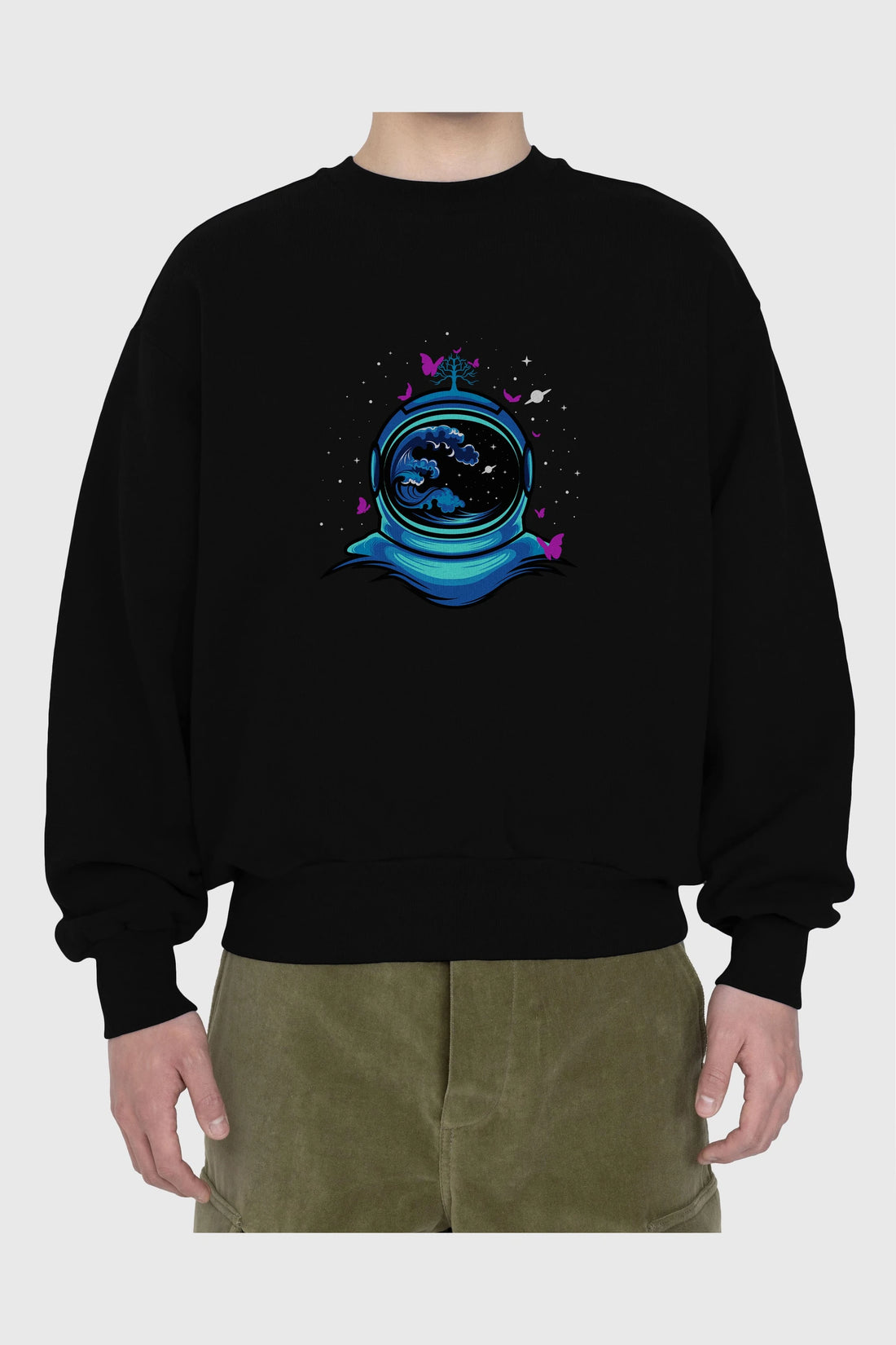 Astronaut and Butterfly Ön Baskılı Oversize Sweatshirt Erkek Kadın Unisex