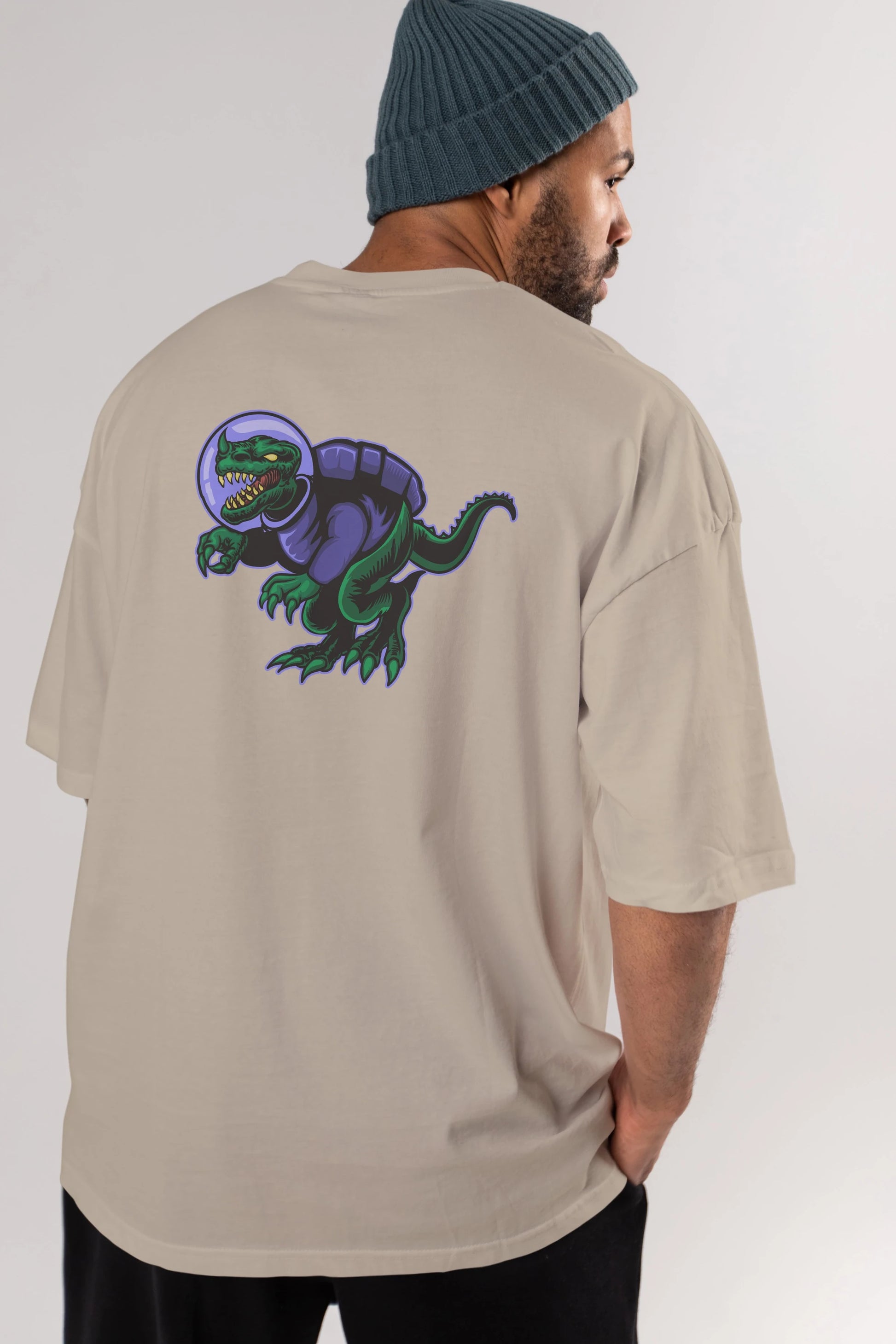 Space Dino Arka Baskılı Oversize t-shirt Erkek Kadın Unisex
