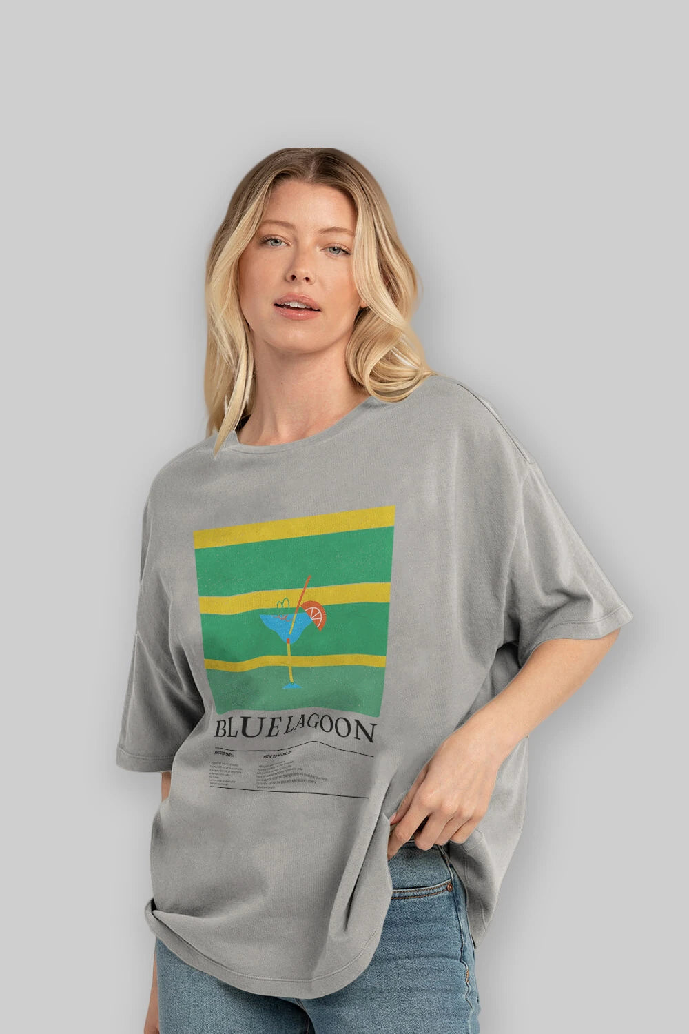 Blue Lagoon Kokteyl Ön Baskılı Oversize t-shirt Erkek Kadın %100 Pamuk Bisiklet Yaka tişort