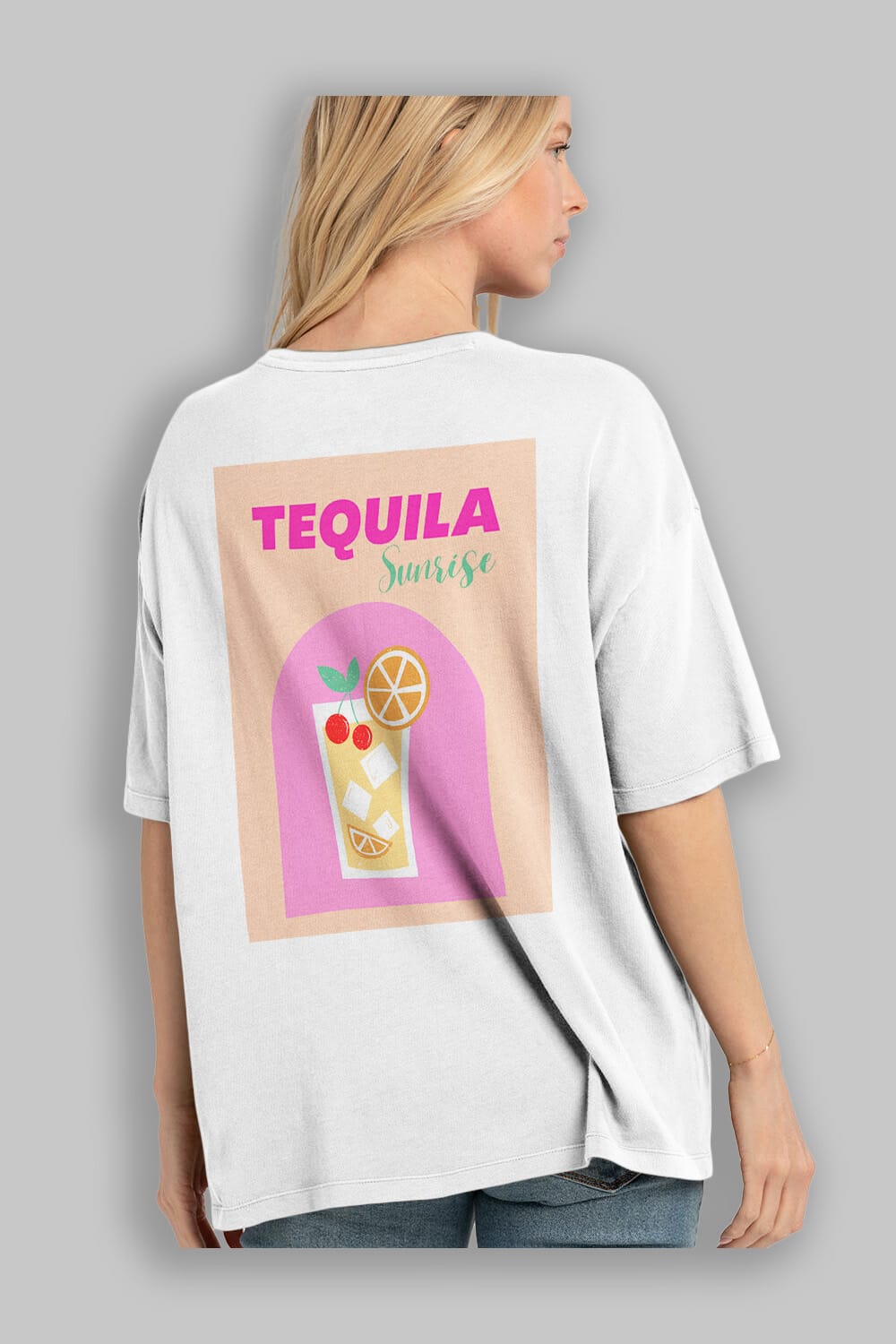 Tequila Sunrise 2 Arka Baskılı Oversize t-shirt Erkek Kadın Unisex %100 Pamuk Bisiklet Yaka tişort
