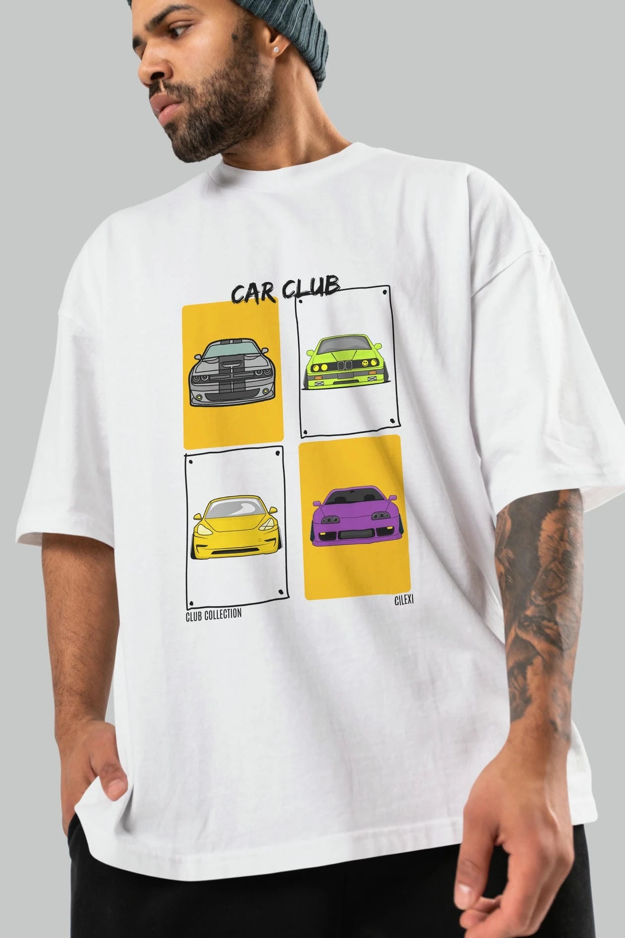 Car Club ön Baskılı Oversize t-shirt Erkek Kadın %100 Pamuk Bisiklet Yaka tişort
