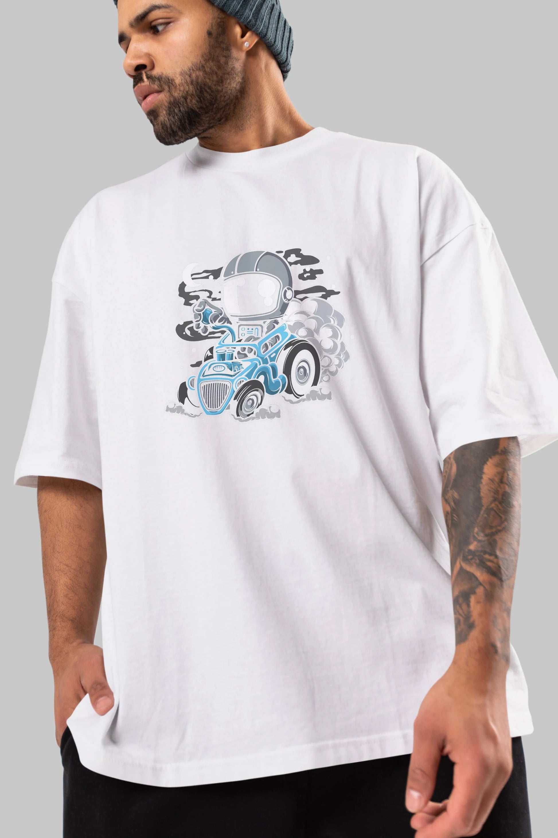 Astronaut Hotrod Ön Baskılı Oversize t-shirt Erkek Kadın Unisex