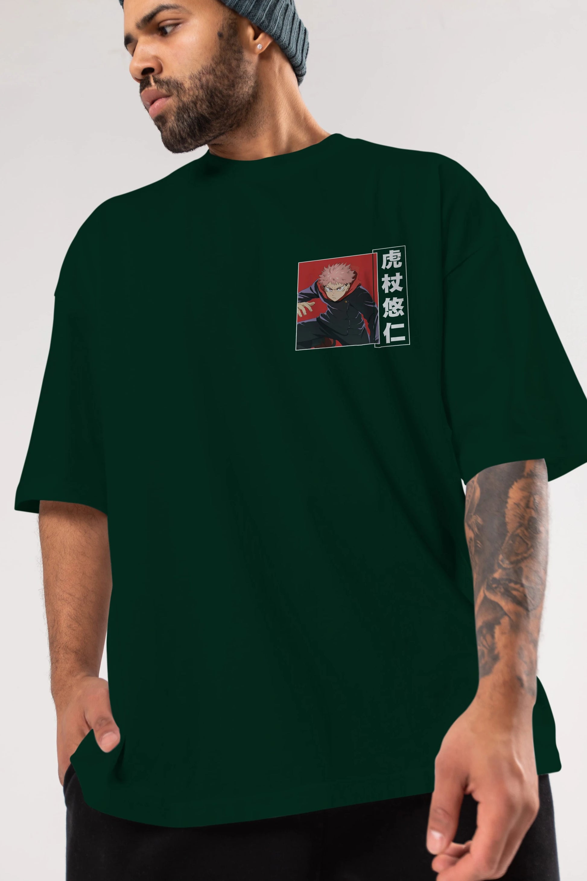 Yuuji Itadori 2 Ön Sol Baskılı Oversize t-shirt Erkek Kadın Unisex %100 Pamuk Bisiklet Yaka tişort