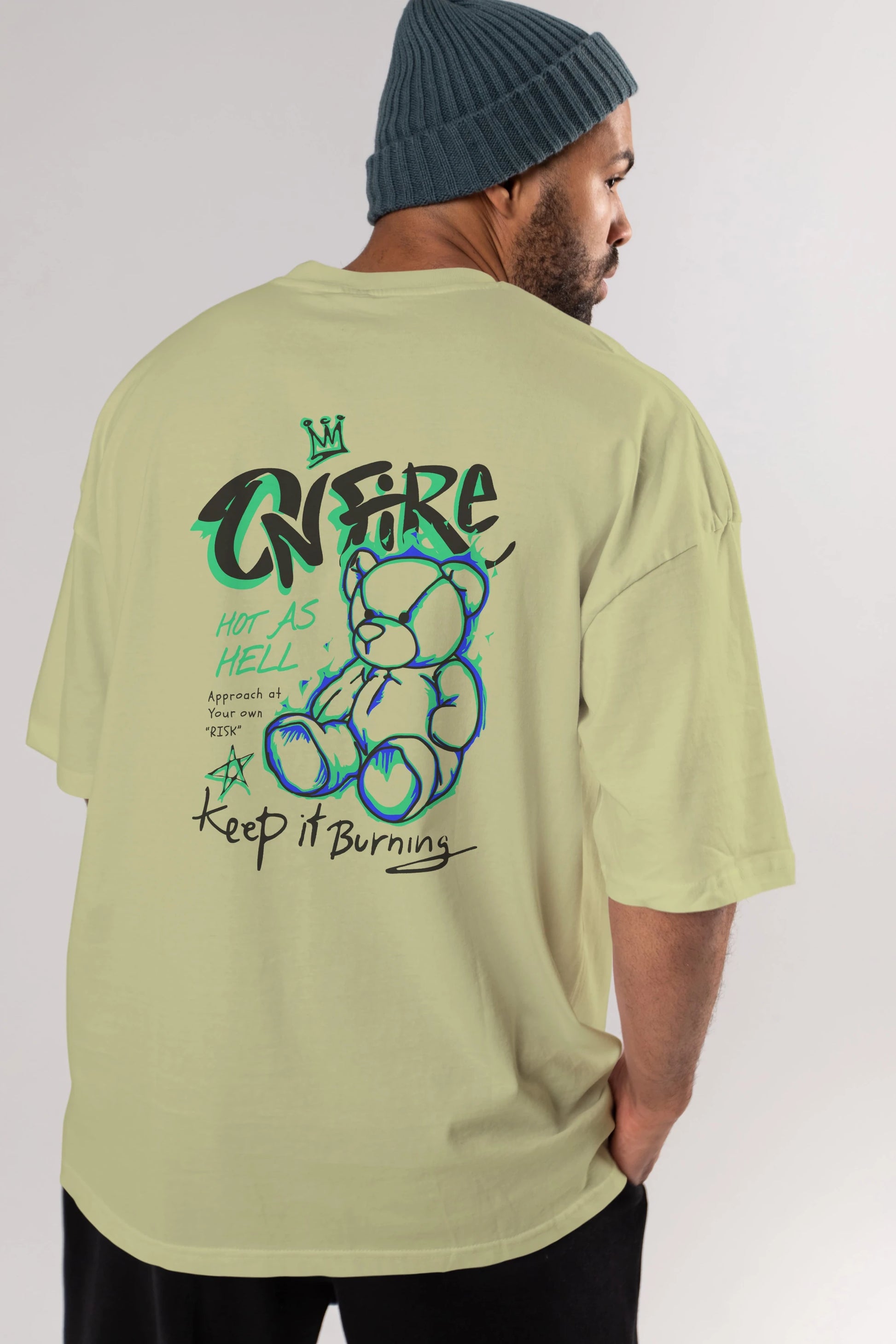 On Fire Bear Arka Baskılı Oversize t-shirt Erkek Kadın Unisex