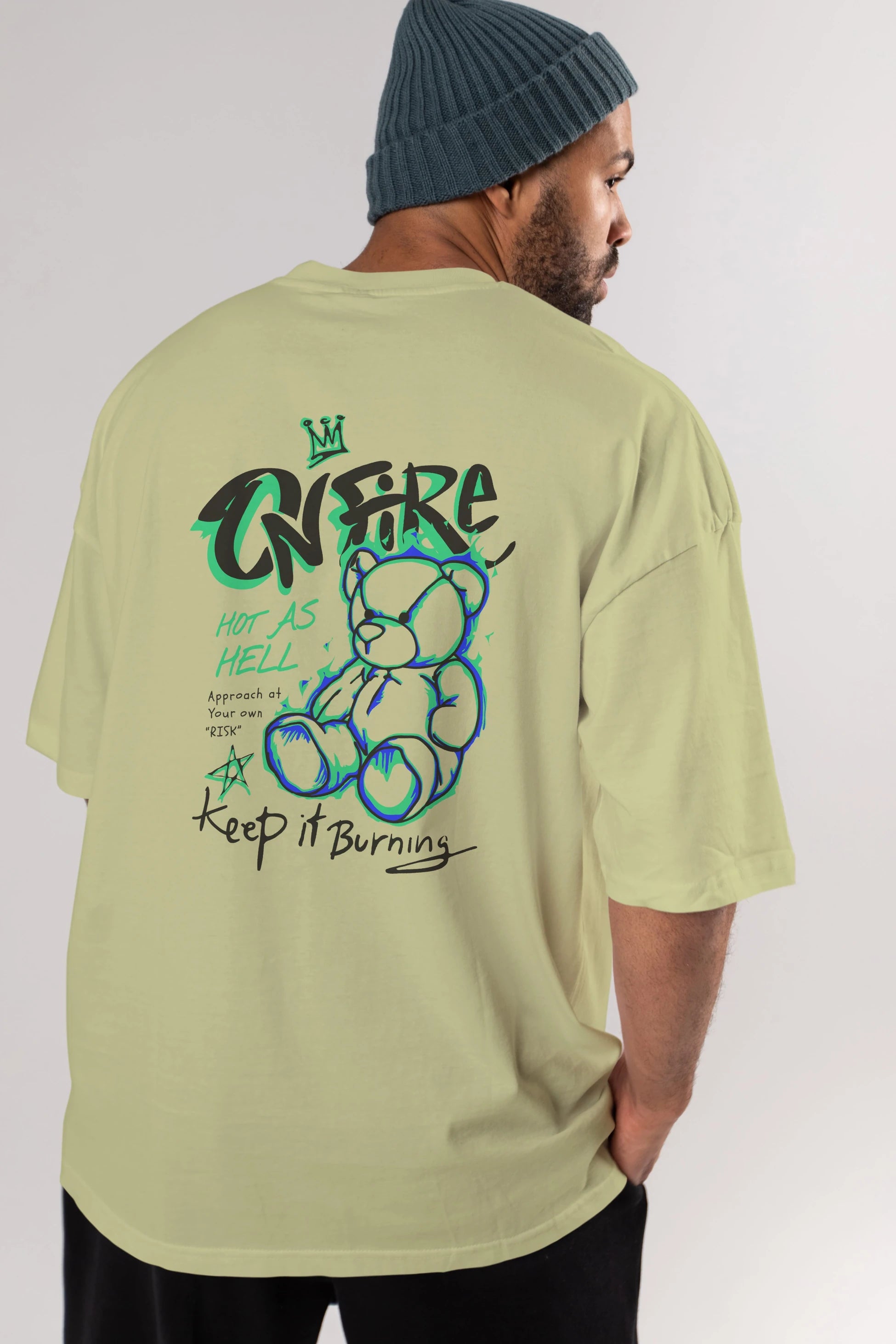 On Fire Bear Arka Baskılı Oversize t-shirt Erkek Kadın Unisex
