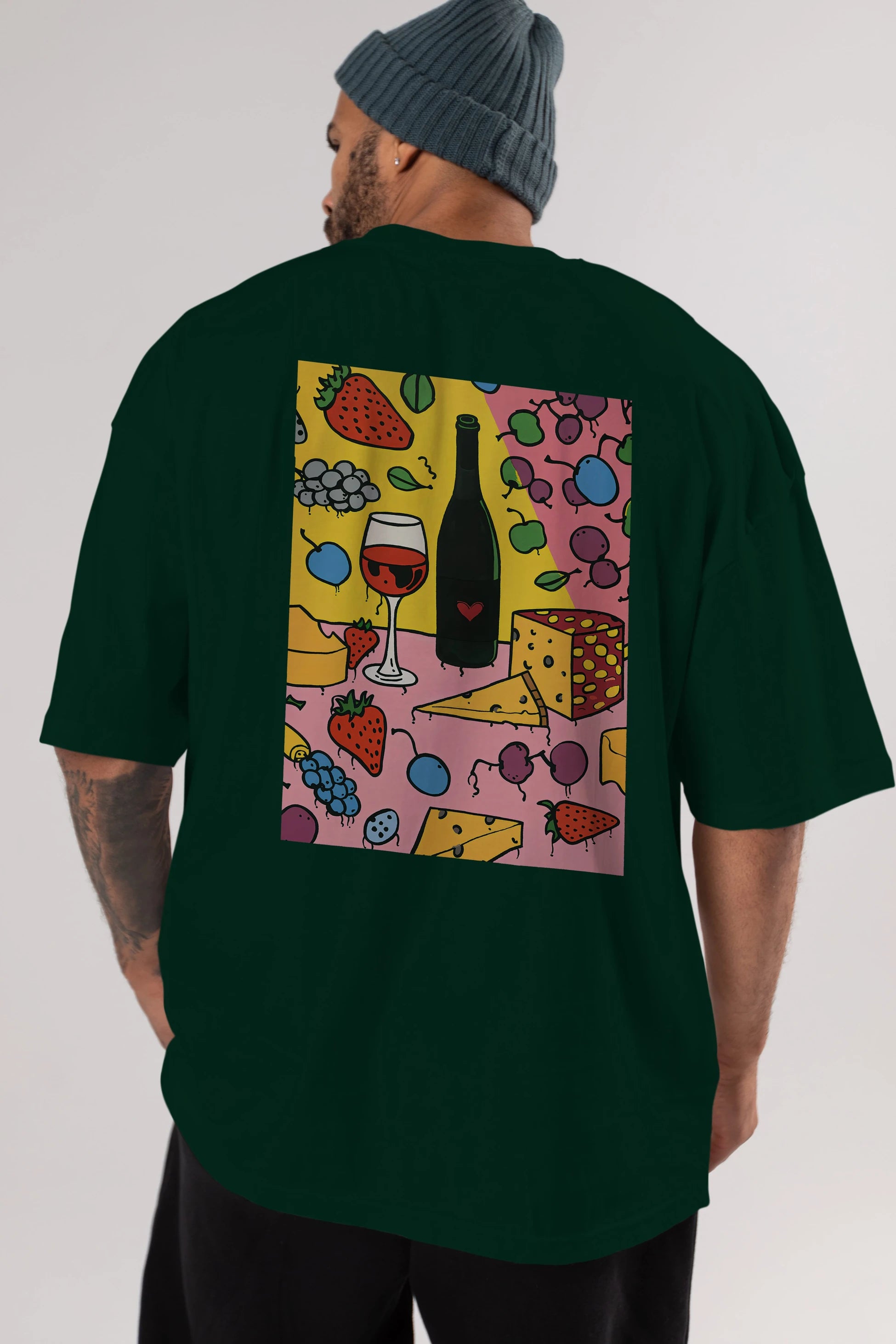 Wine Cheese Fruits Arka Baskılı Oversize t-shirt Erkek Kadın Unisex %100 Pamuk Bisiklet Yaka tişort