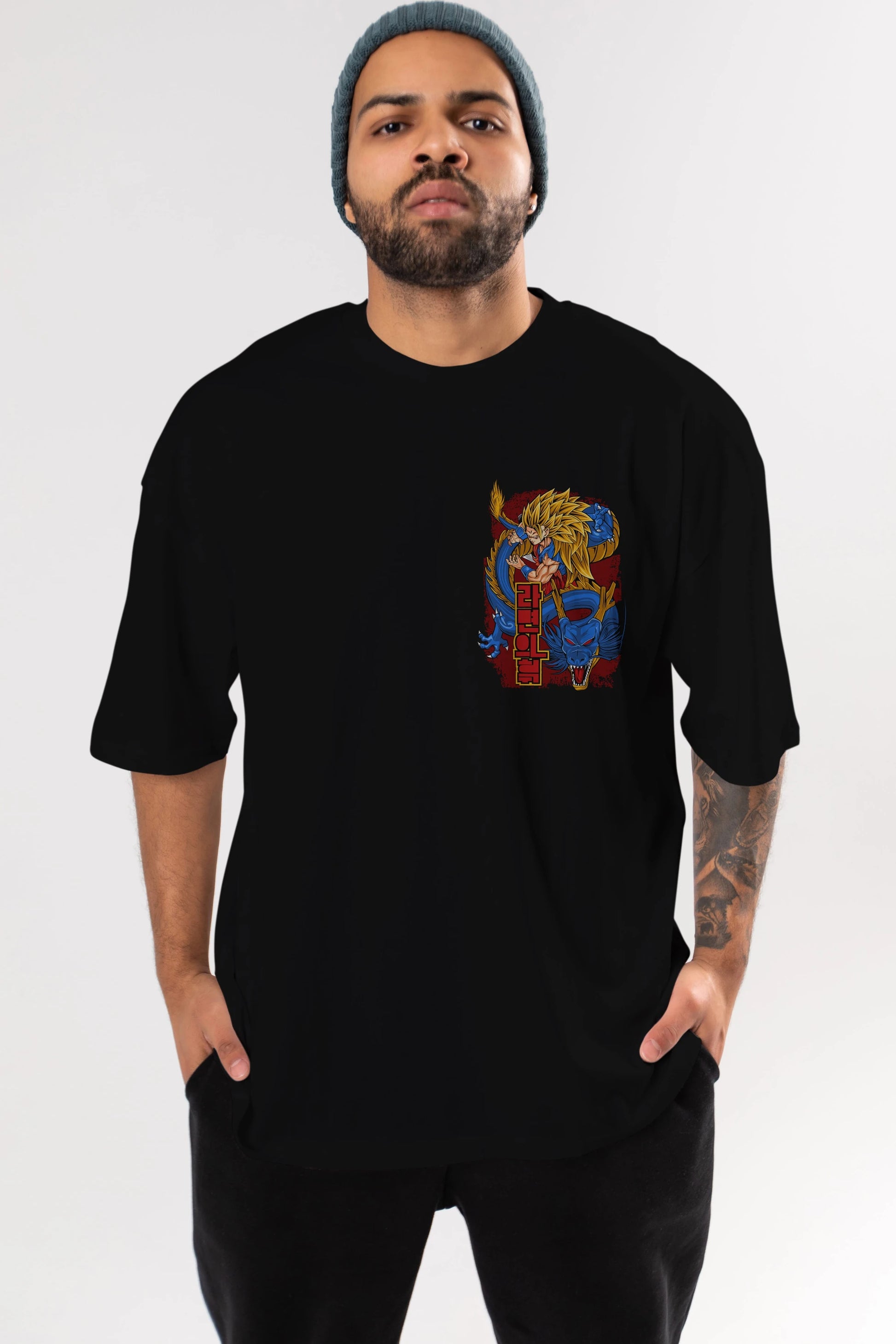 DRAGON BALL Z Ön Sol Baskılı Oversize t-shirt Erkek Kadın Unisex %100 Pamuk Bisiklet Yaka tişort