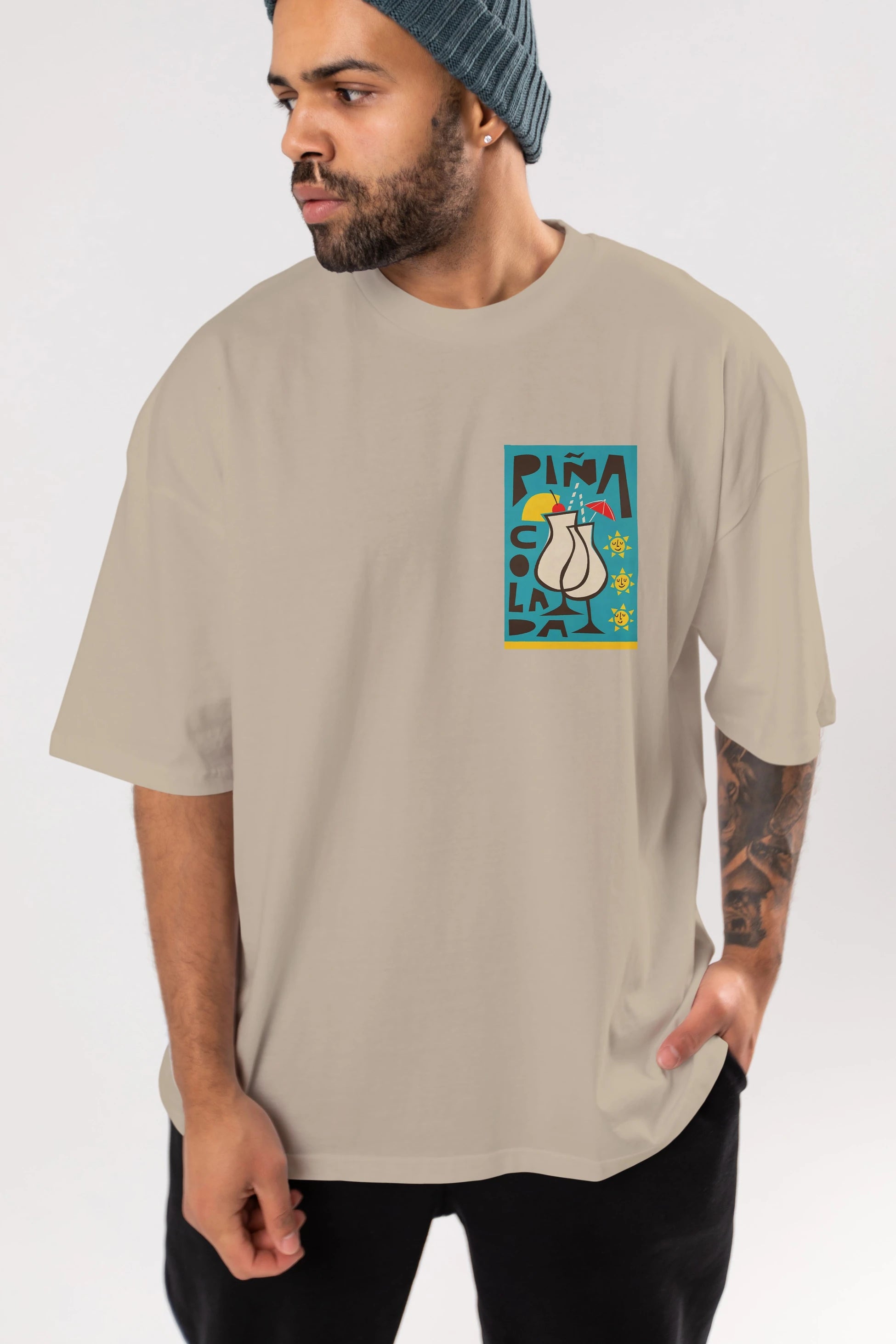 Pina Colada 4 Ön Sol Baskılı Oversize t-shirt Erkek Kadın Unisex %100 Pamuk Bisiklet Yaka tişort