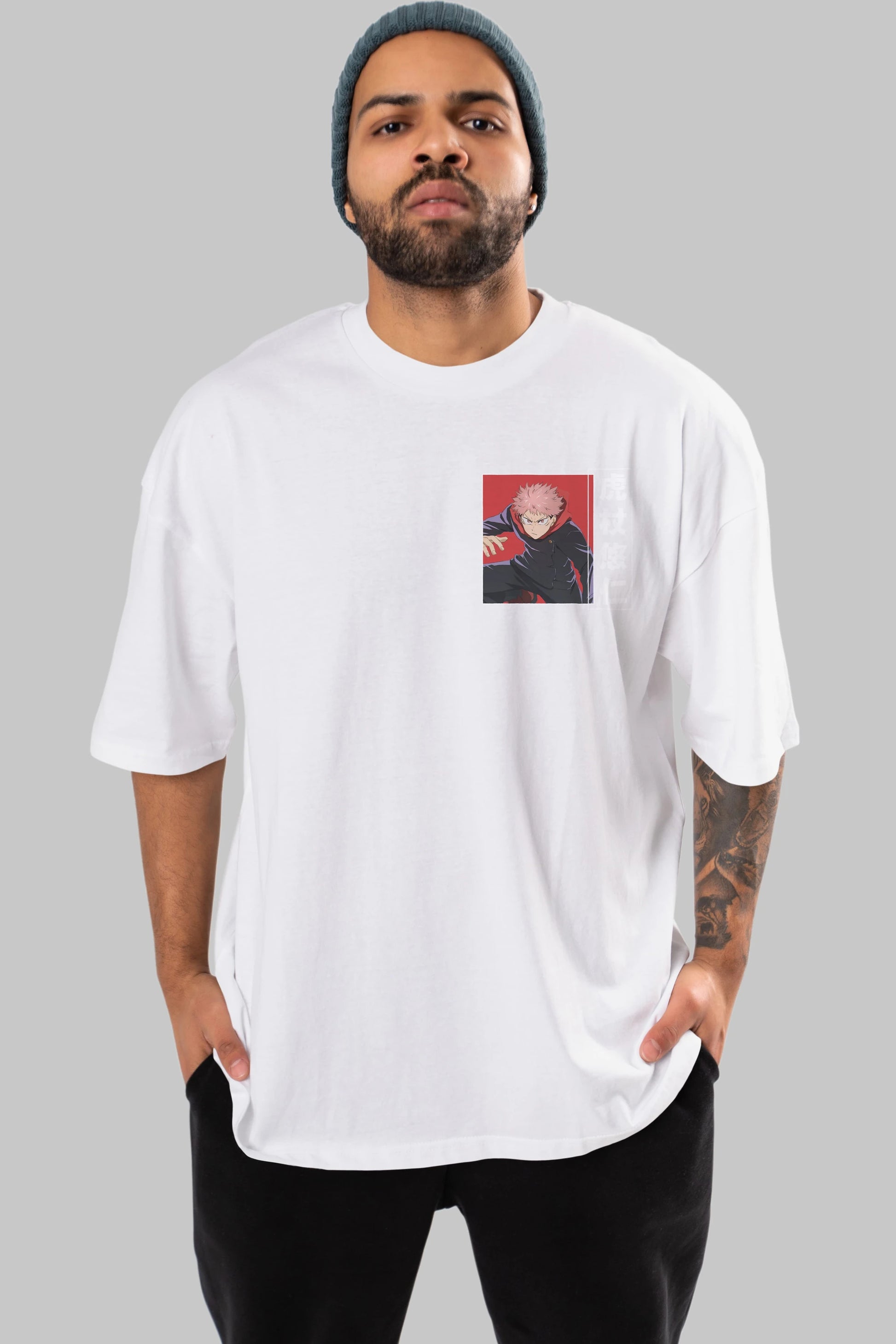 Yuuji Itadori 2 Ön Sol Baskılı Oversize t-shirt Erkek Kadın Unisex %100 Pamuk Bisiklet Yaka tişort