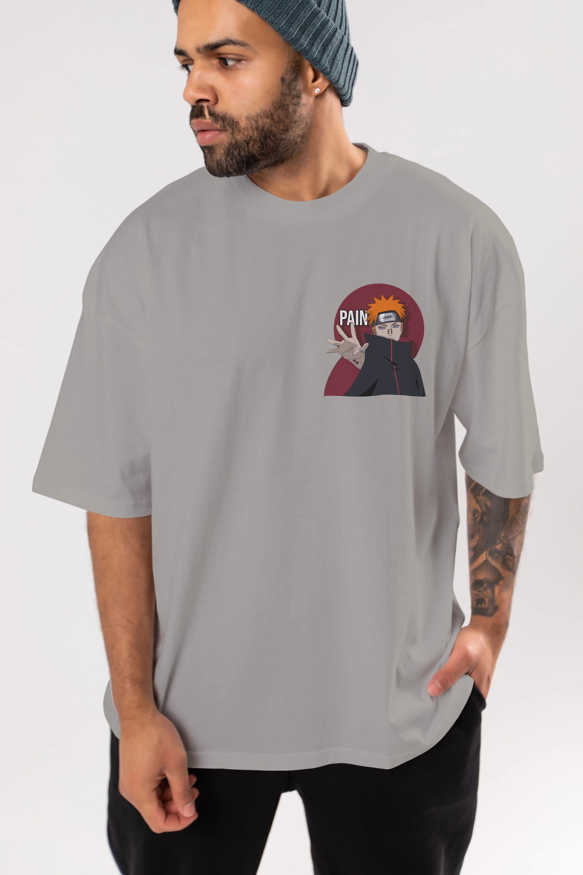 PAIN NARUTO Ön Sol Baskılı Oversize t-shirt Erkek Kadın Unisex %100 Pamuk Bisiklet Yaka tişort
