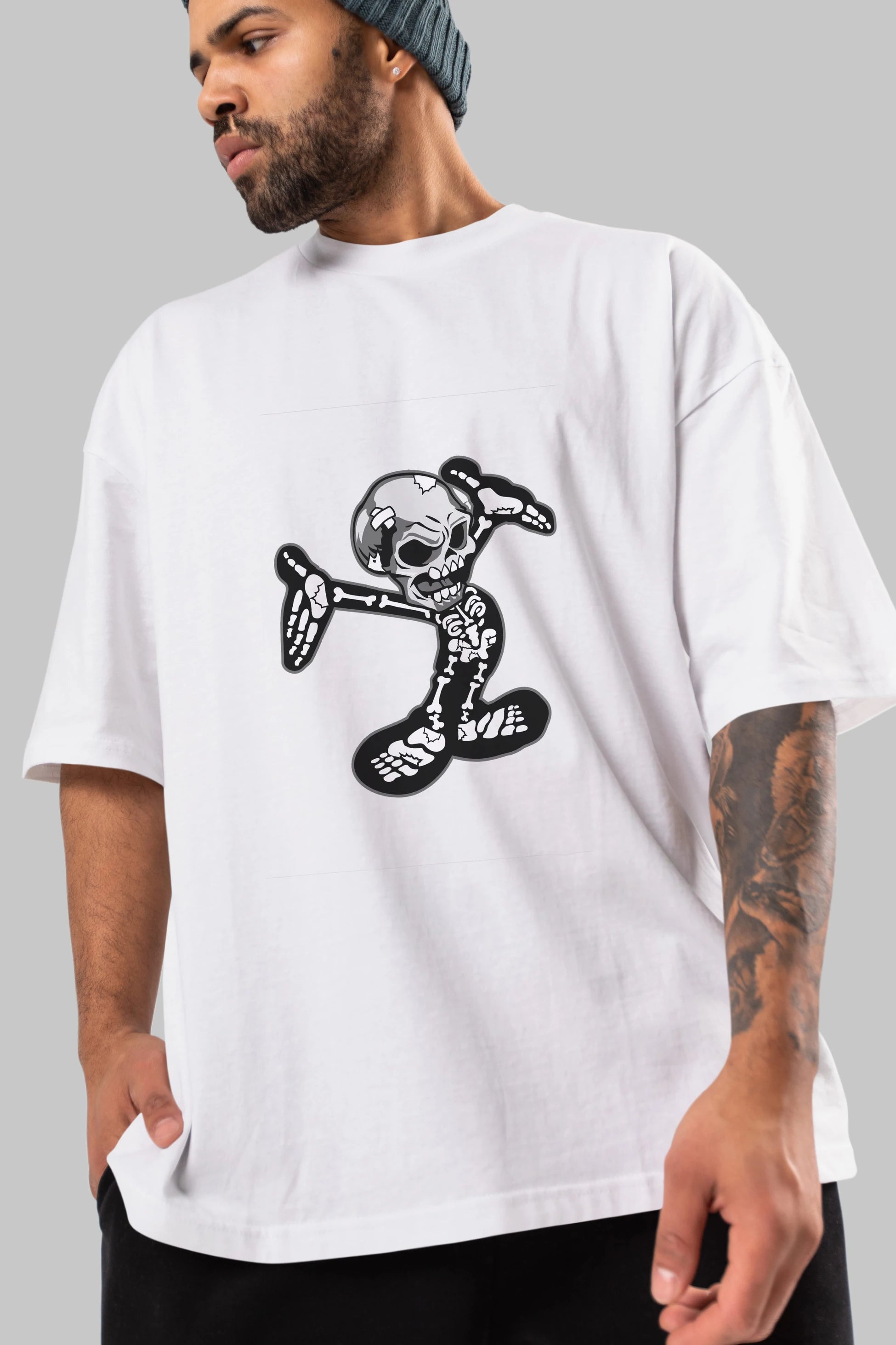 Skull Skeleton Ön Baskılı Oversize t-shirt Erkek Kadın Unisex %100 Pamuk tişort