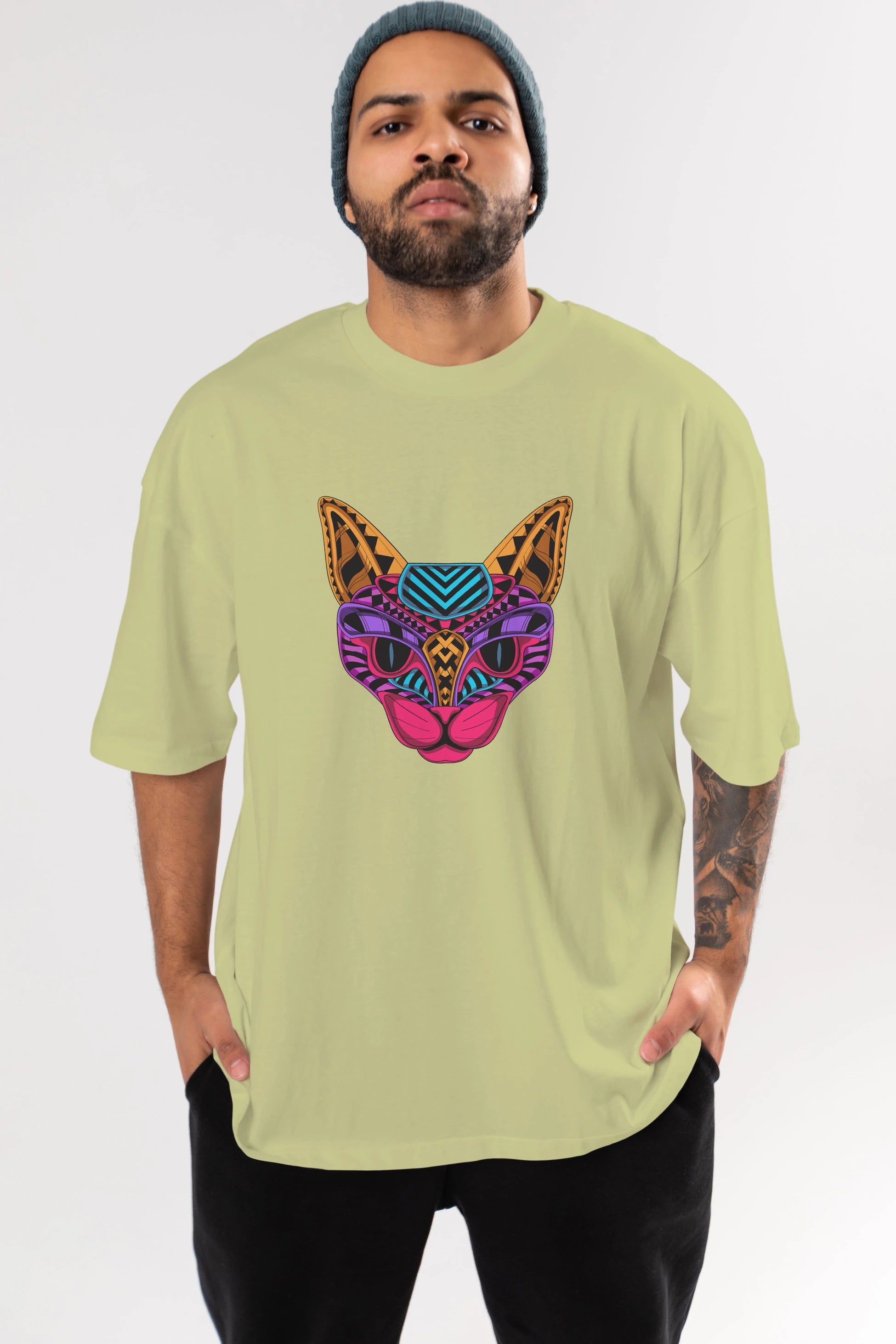 Black Neon Cat Ön Baskılı Oversize t-shirt Erkek Kadın Unisex