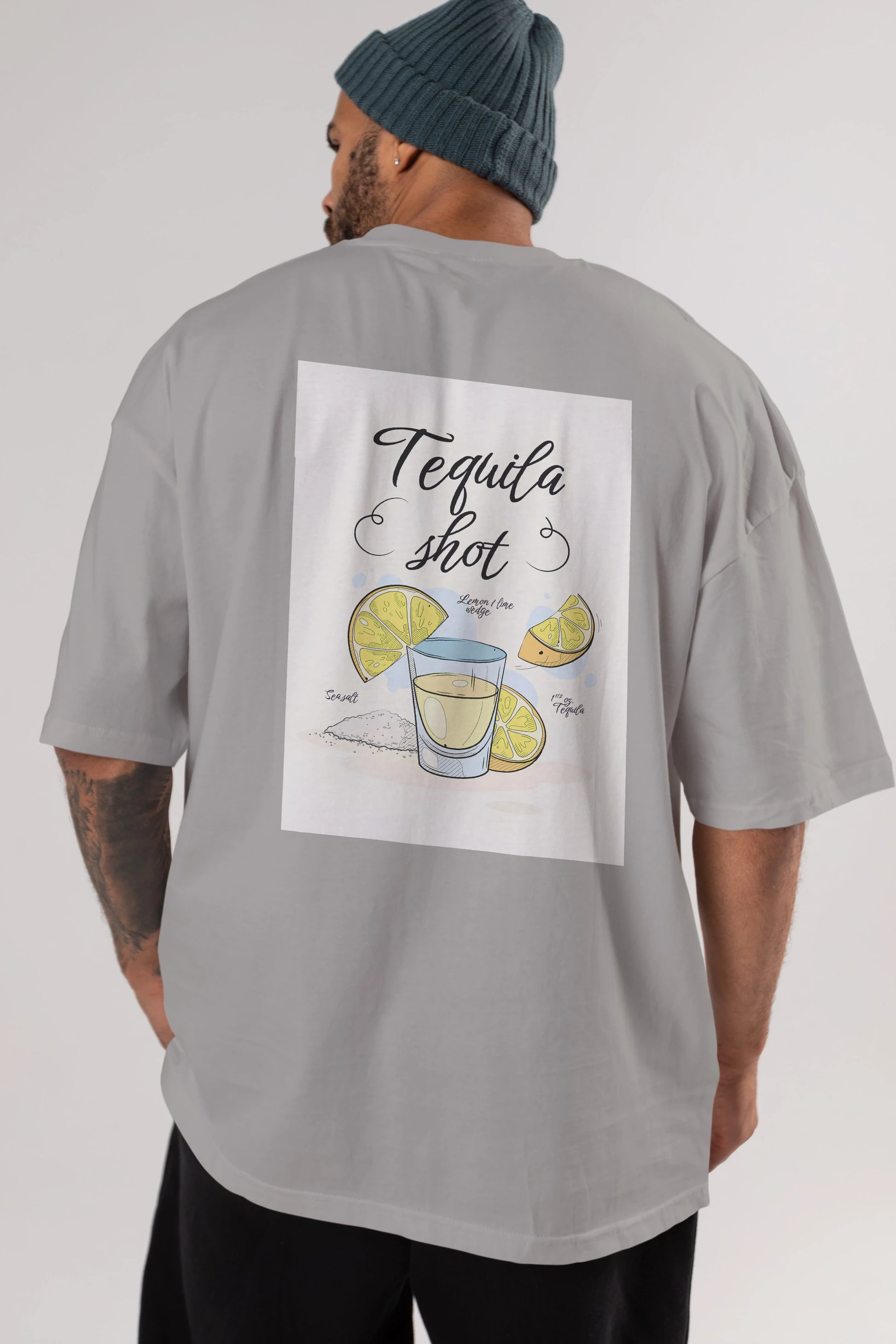 Tequila Shot Arka Baskılı Oversize t-shirt Erkek Kadın Unisex %100 Pamuk Bisiklet Yaka tişort