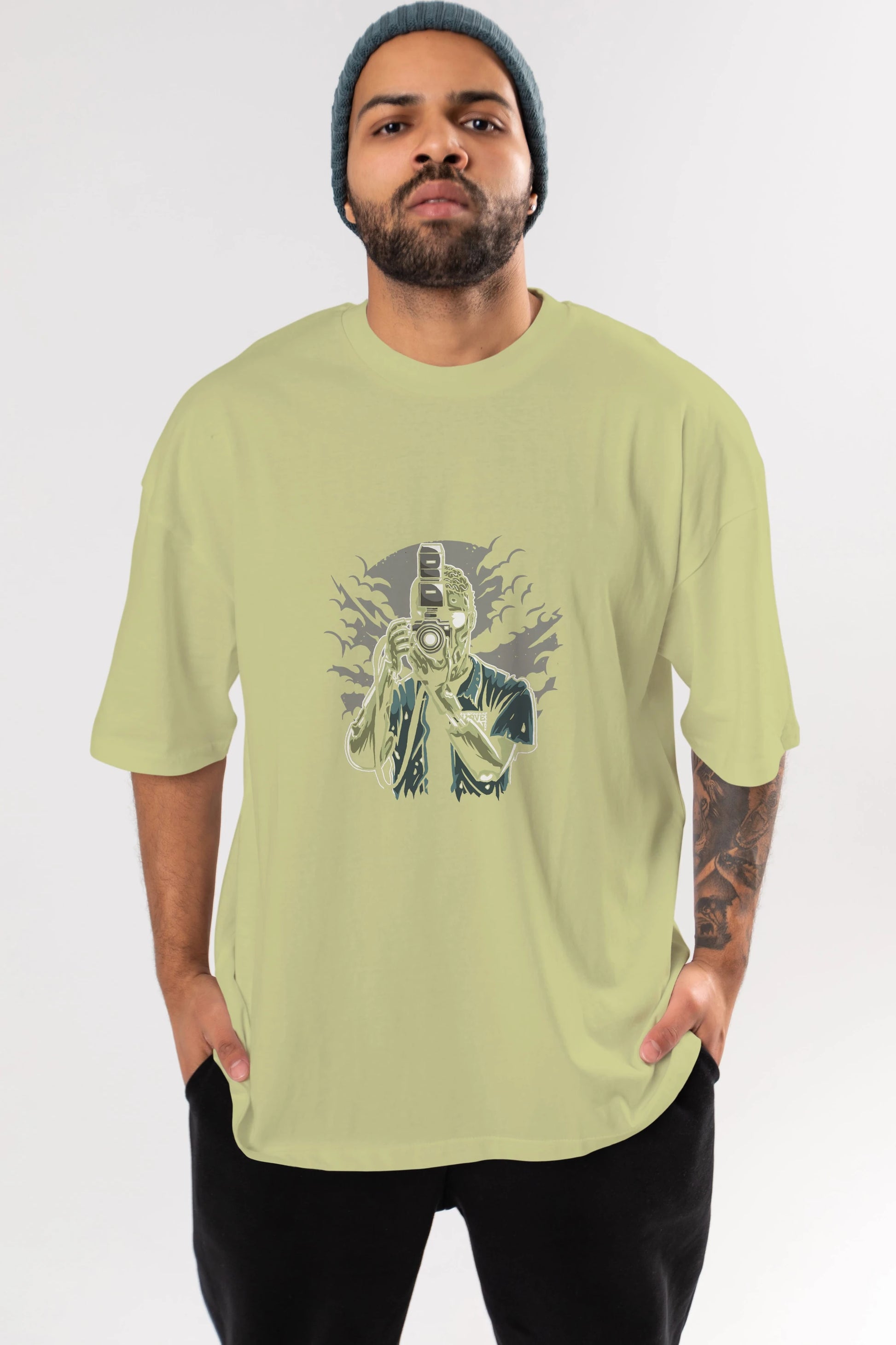 Zombie Photographer Ön Baskılı Oversize t-shirt Erkek Kadın Unisex %100 Pamuk tişort
