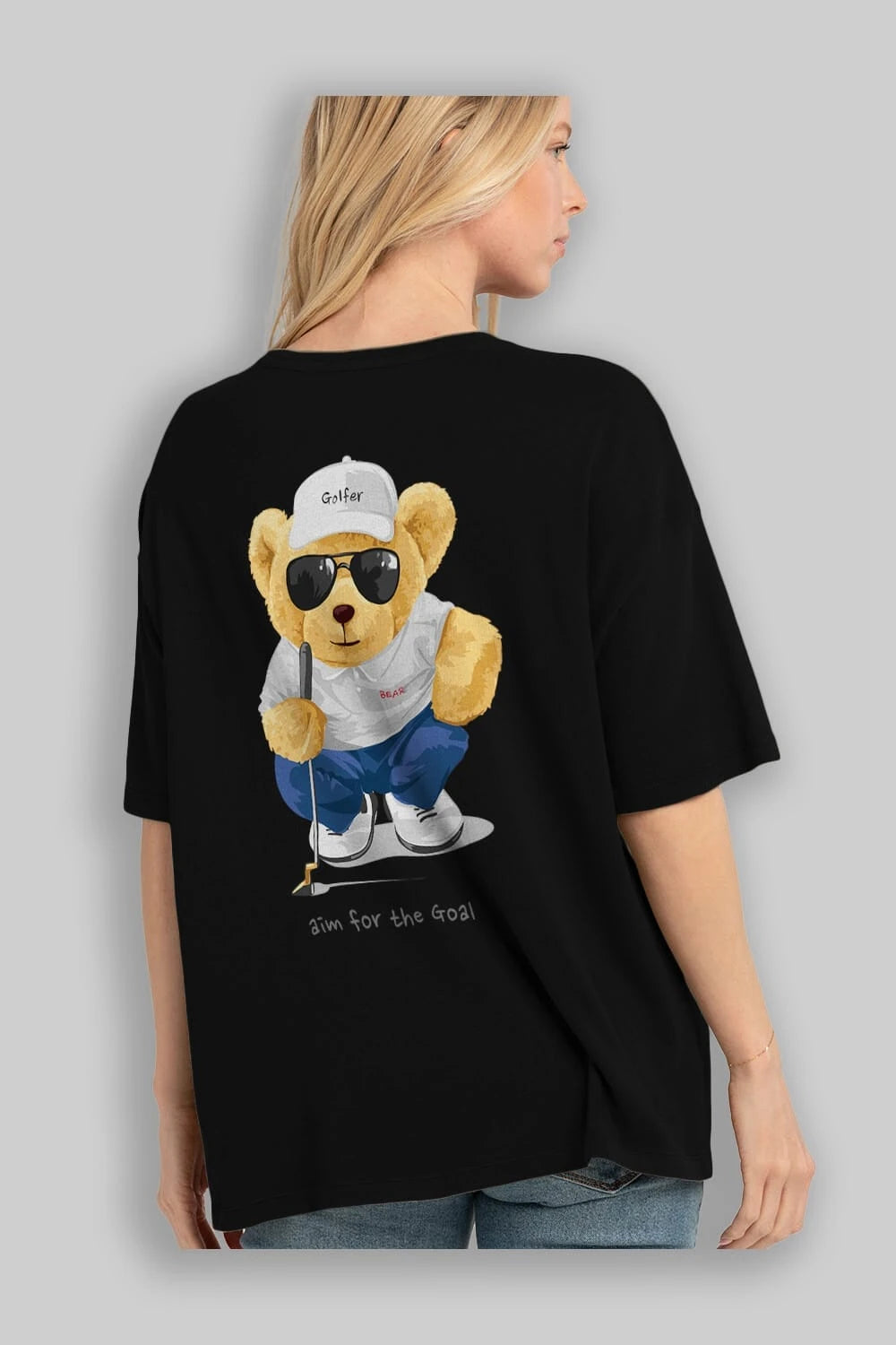 Teddy Bear Golfer Arka Baskılı Oversize t-shirt Erkek Kadın Unisex %100 Pamuk