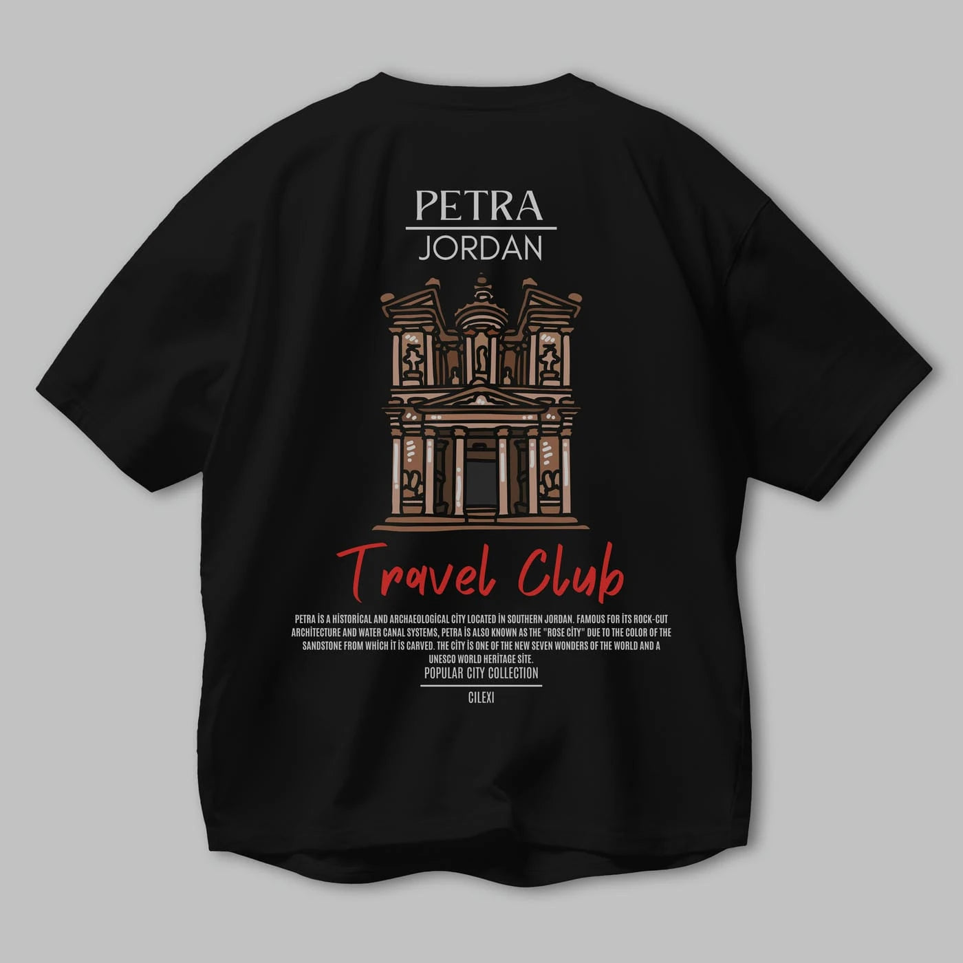 Petra Jordan Arka Baskılı Oversize t-shirt Erkek Kadın Pamuk Bisiklet Yaka tişort