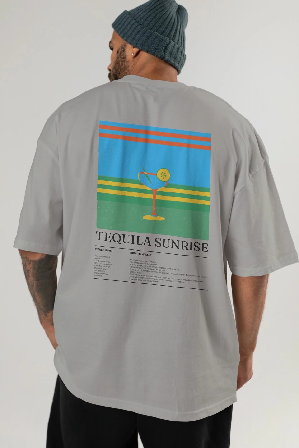 Tequila Sunrise Kokteyl Serisi Arka Baskılı Oversize t-shirt Erkek Kadın %100 Pamuk Bisiklet Yaka tişort
