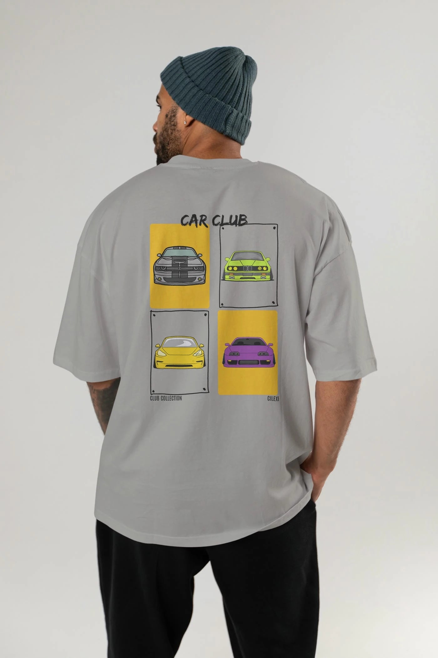 Car Club Arka Baskılı Oversize t-shirt Erkek Kadın %100 Pamuk Bisiklet Yaka tişort
