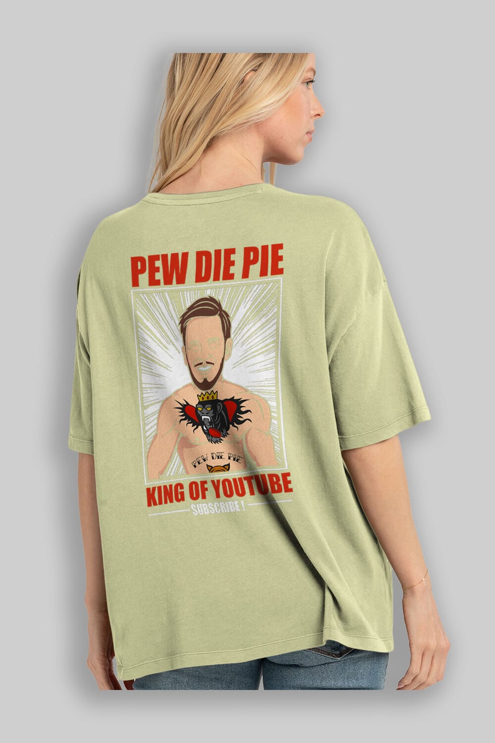 Pew Die Pie Fighter Arka Baskılı Oversize t-shirt Erkek Kadın Unisex %100 Pamuk tişort