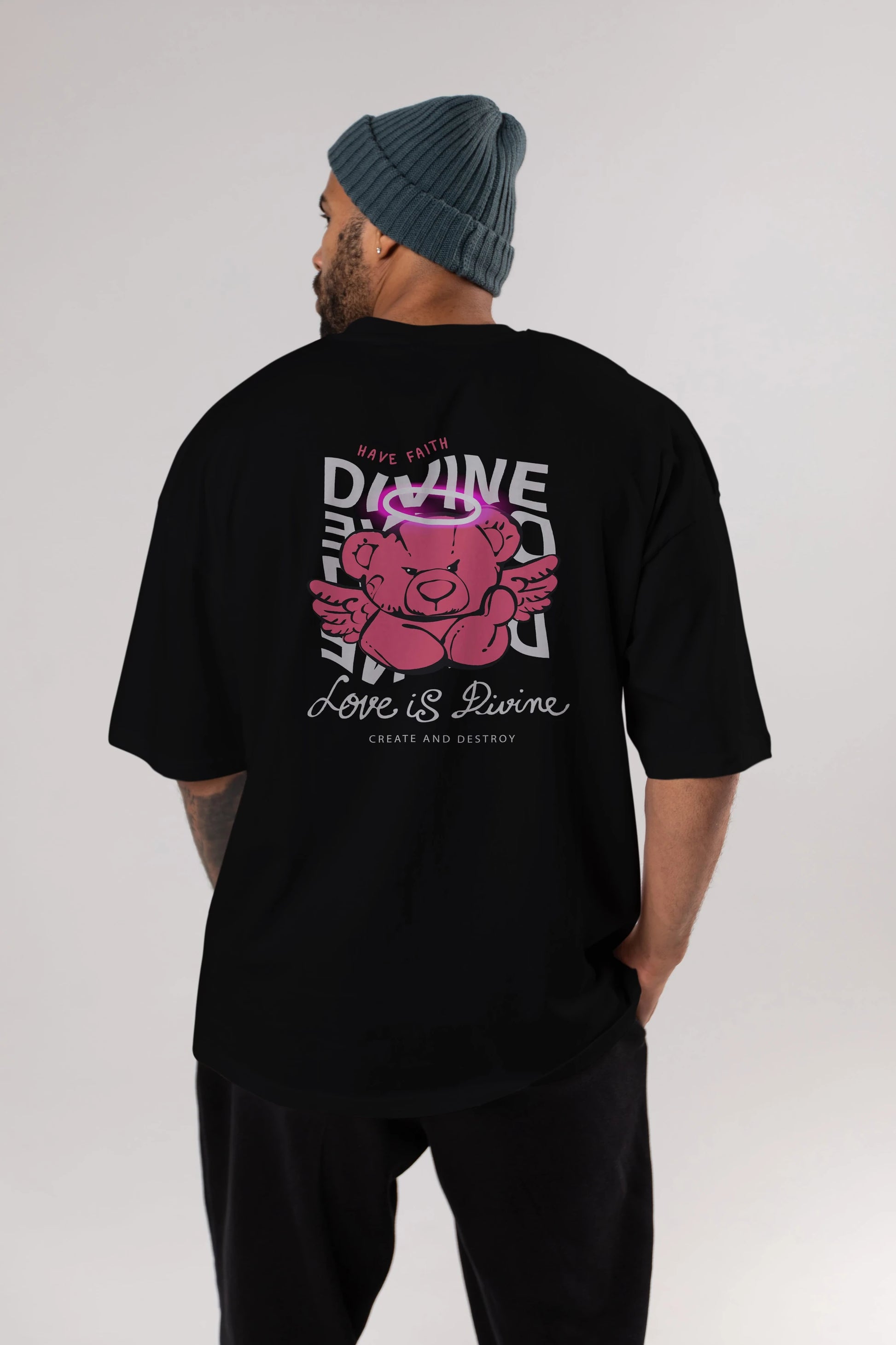 Love is Divine Bear Arka Baskılı Oversize t-shirt Erkek Kadın Unisex
