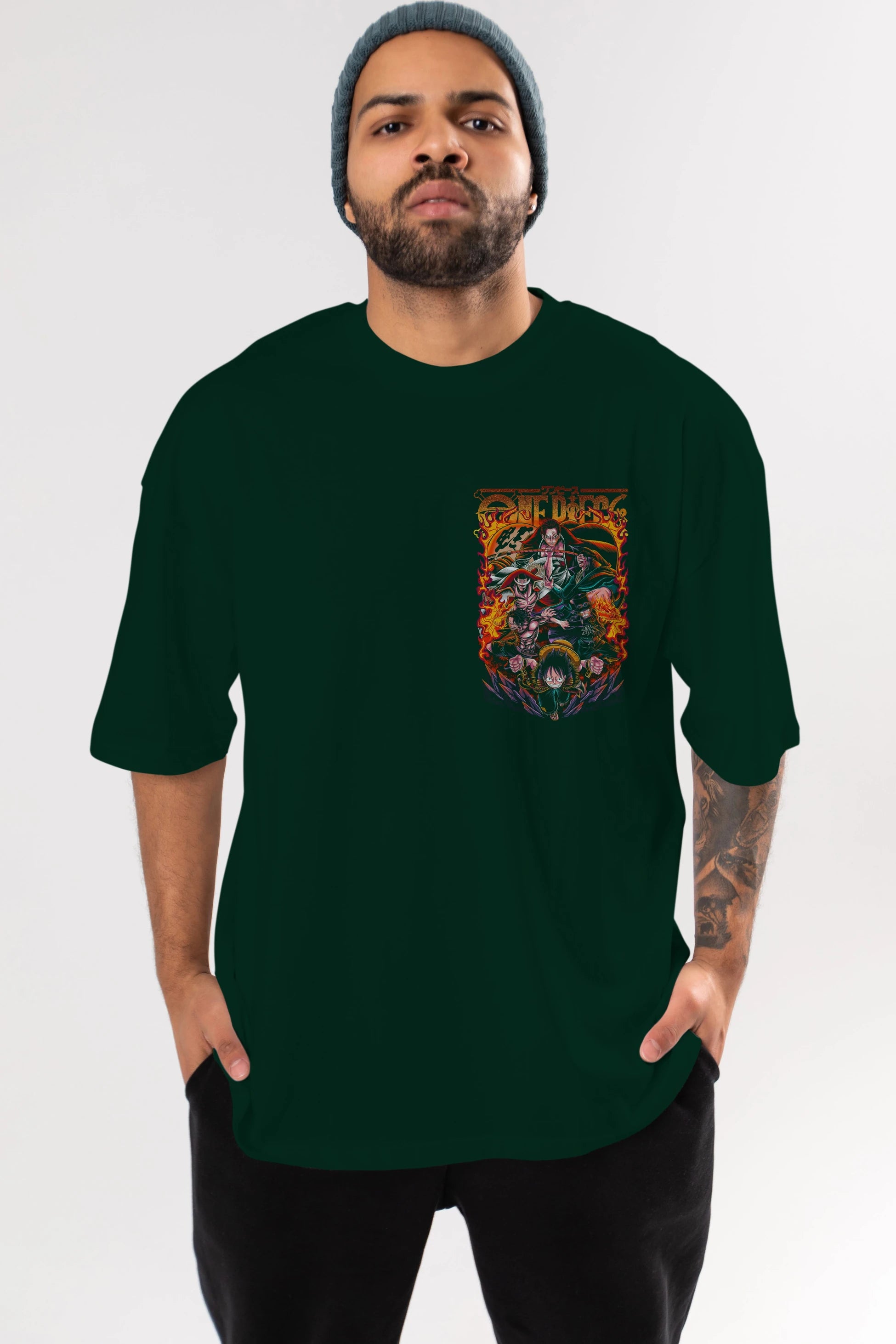 ONE PIECE (3) Ön Sol Baskılı Oversize t-shirt Erkek Kadın Unisex %100 Pamuk Bisiklet Yaka tişort