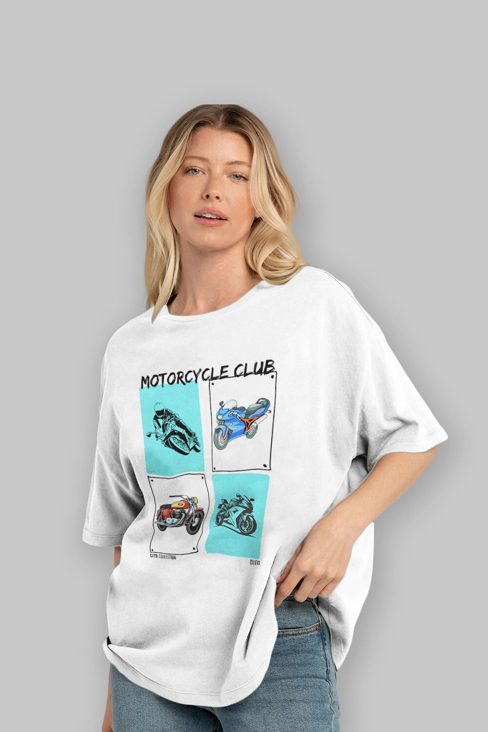 Motorcycle Club ön Baskılı Oversize t-shirt Erkek Kadın %100 Pamuk Bisiklet Yaka tişort