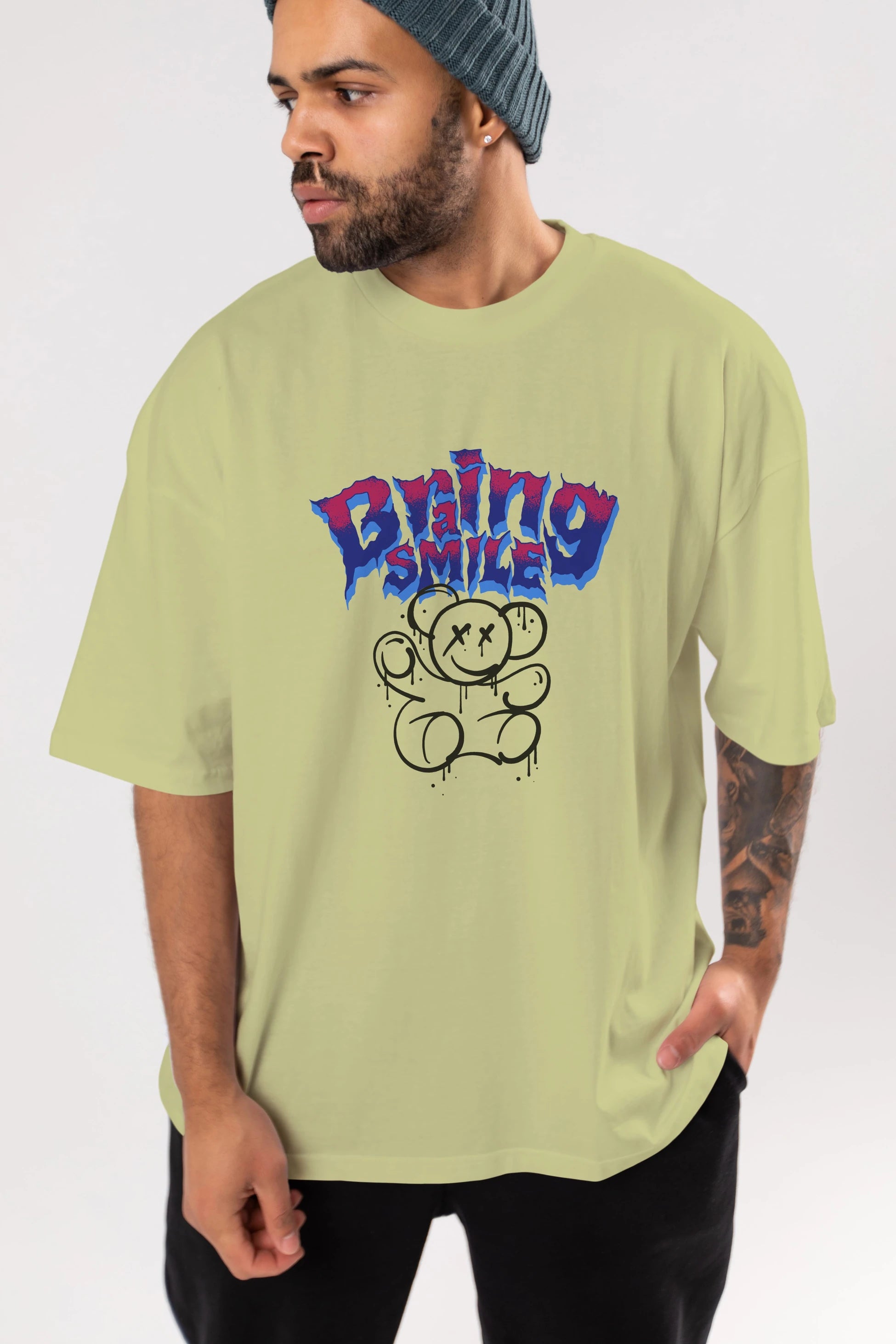 Teddy Bear Braing Smile Ön Baskılı Oversize t-shirt Erkek Kadın Unisex