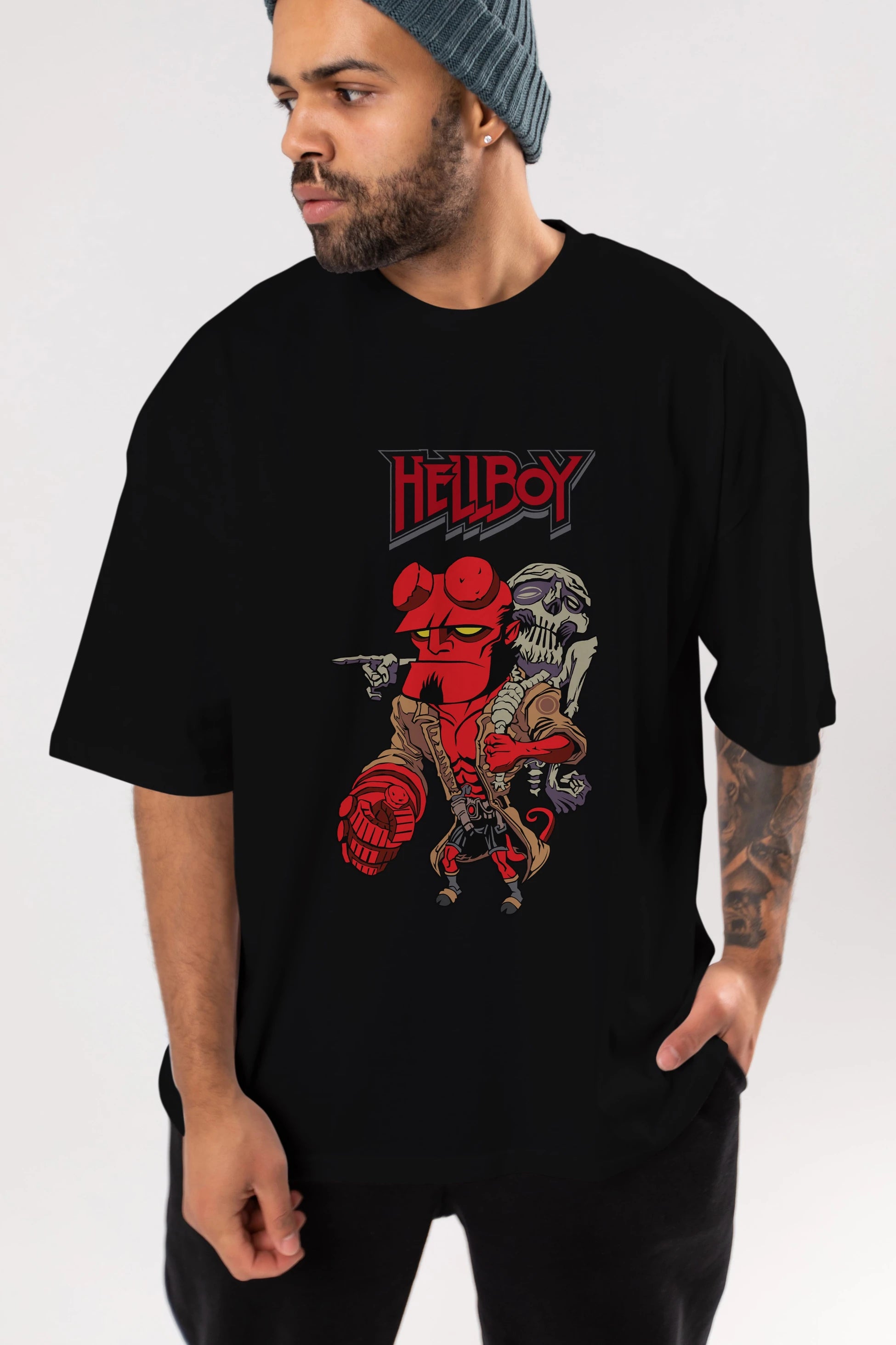 Hellboy (2) Ön Baskılı Oversize t-shirt Erkek Kadın Unisex %100 Pamuk Bisiklet Yaka tişort