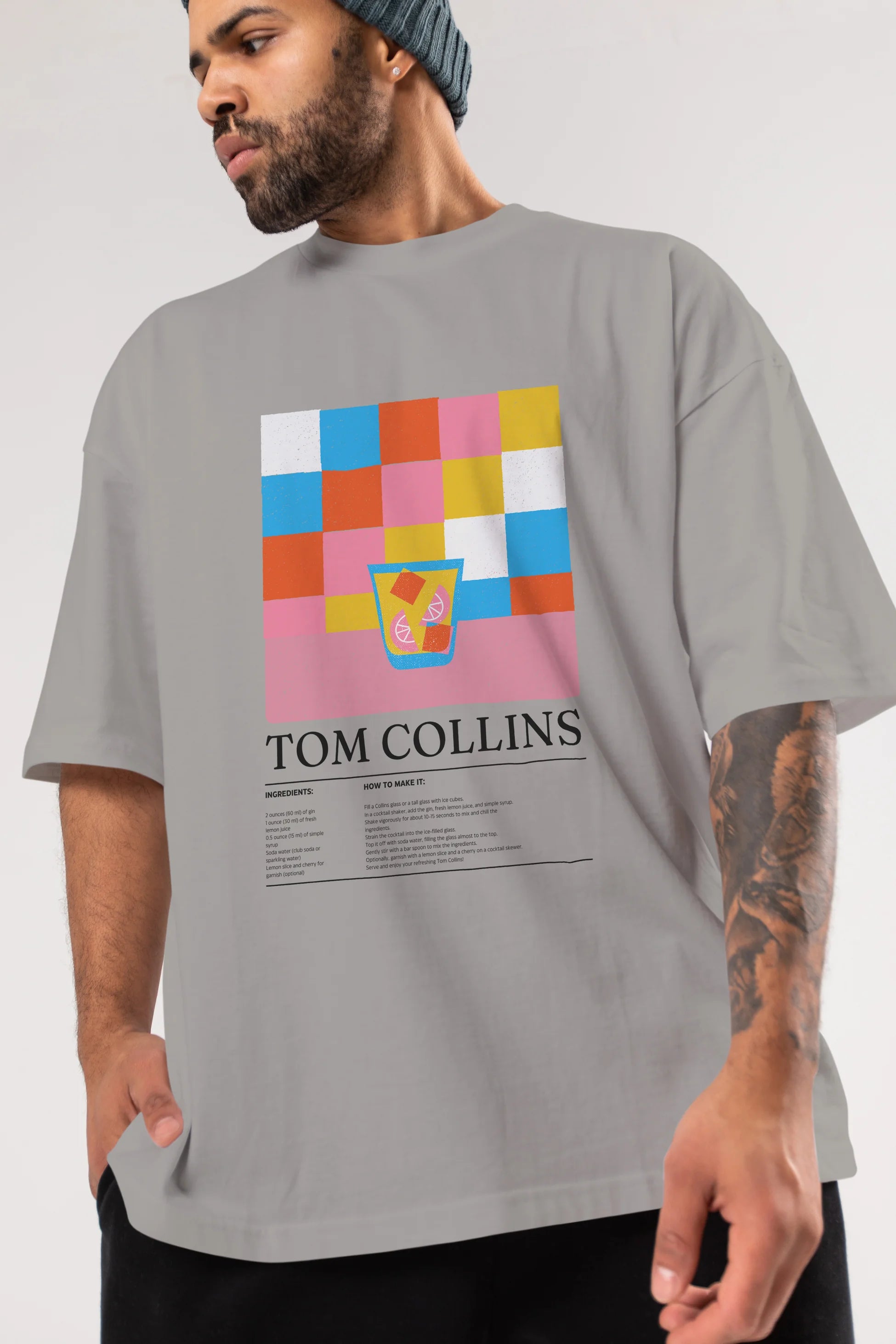 Tom Collins Kokteyl Ön Baskılı Oversize t-shirt Erkek Kadın %100 Pamuk Bisiklet Yaka tişort