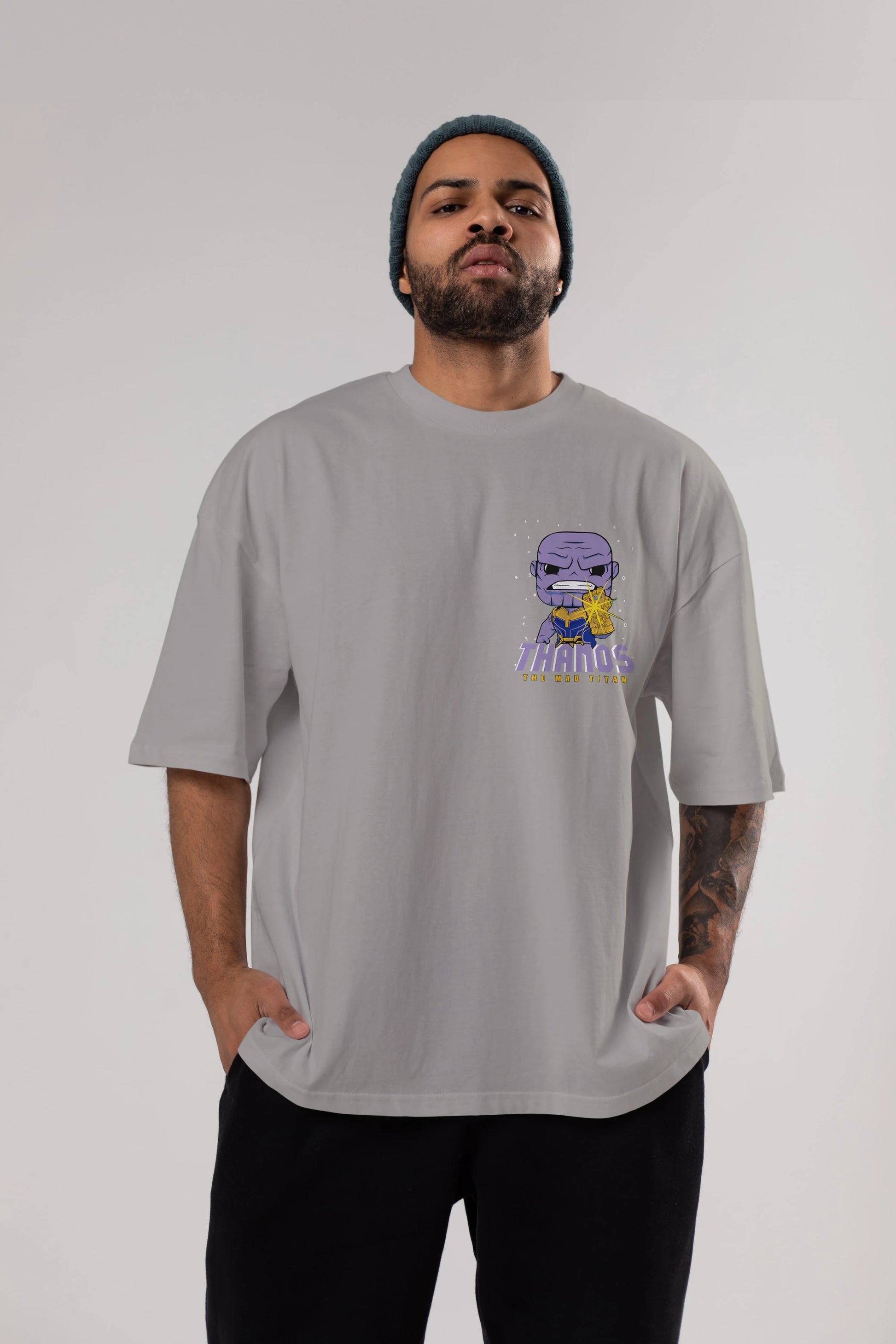 Thanos (1) Ön Sol Baskılı Oversize t-shirt Erkek Kadın Unisex %100 Pamuk Bisiklet Yaka tişort