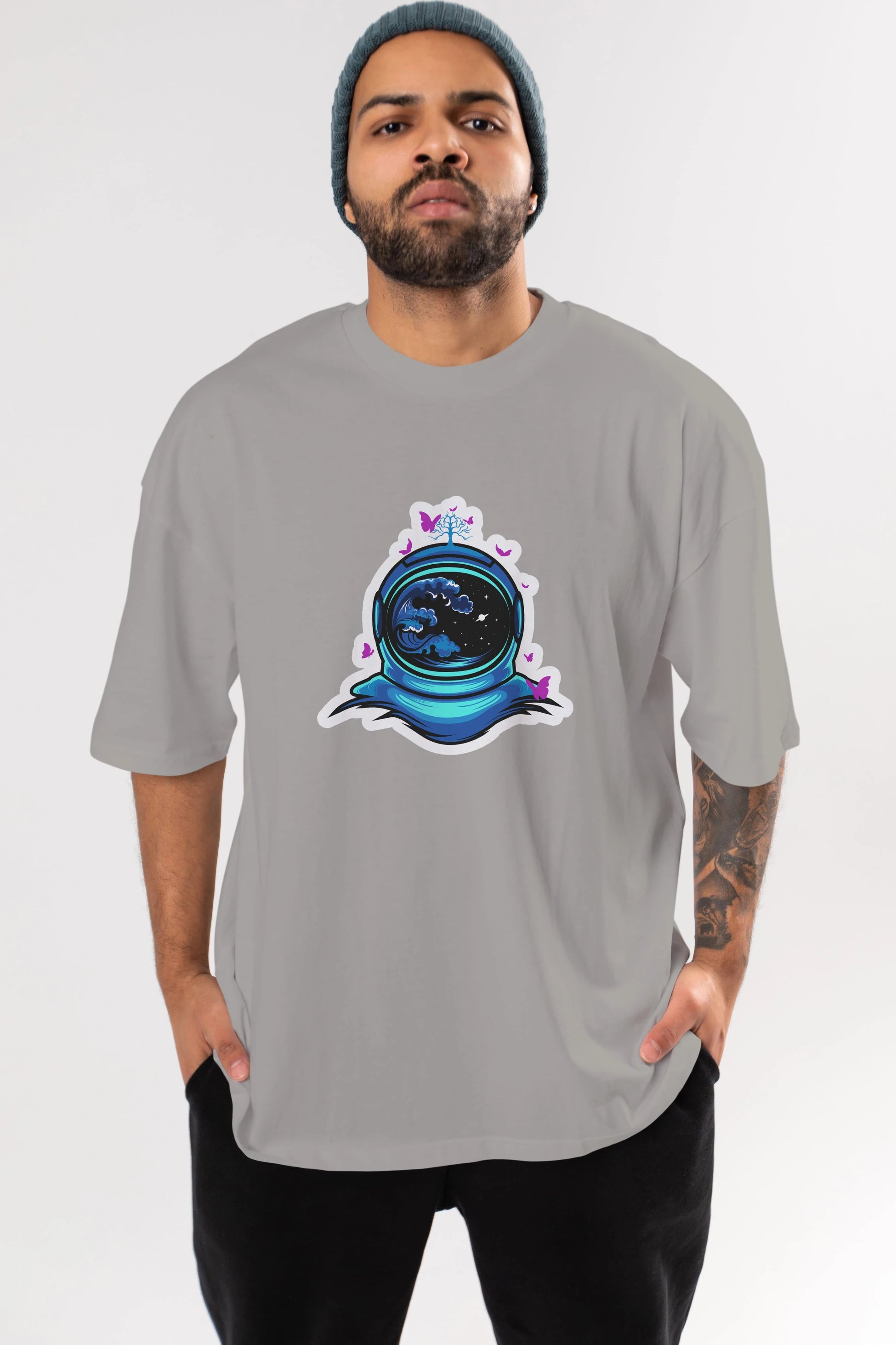 Astronaut and Butterfly Sticker Ön Baskılı Oversize t-shirt Erkek Kadın Unisex