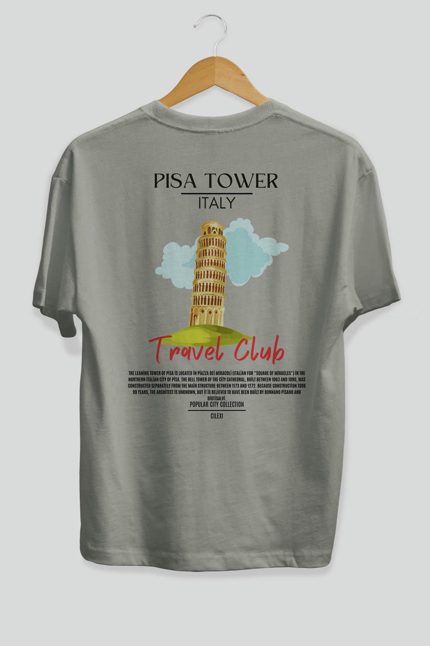 Pisa Tower İtaly Arka Baskılı Oversize t-shirt Erkek Kadın Pamuk Bisiklet Yaka tişort