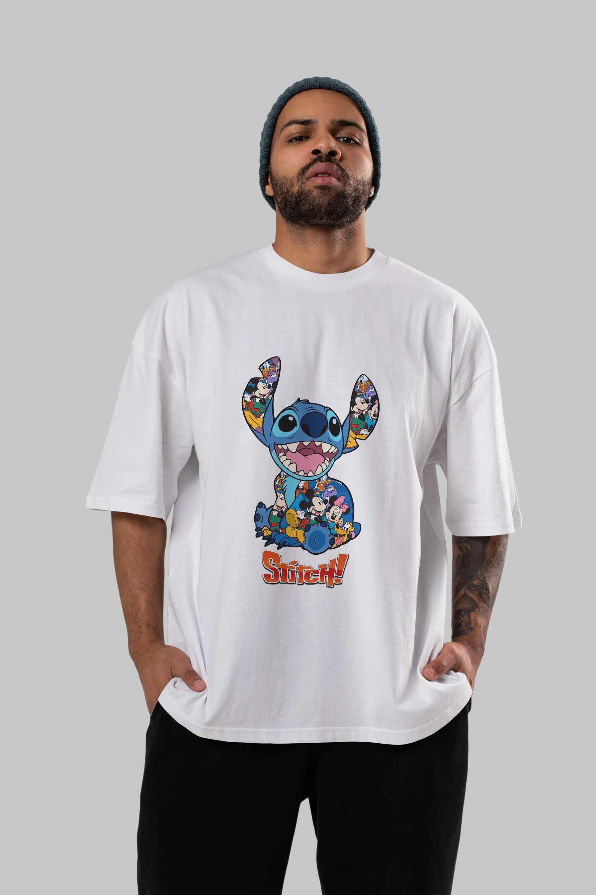 Stitch Ön Baskılı Oversize t-shirt Erkek Kadın Unisex %100 Pamuk Bisiklet Yaka tişort