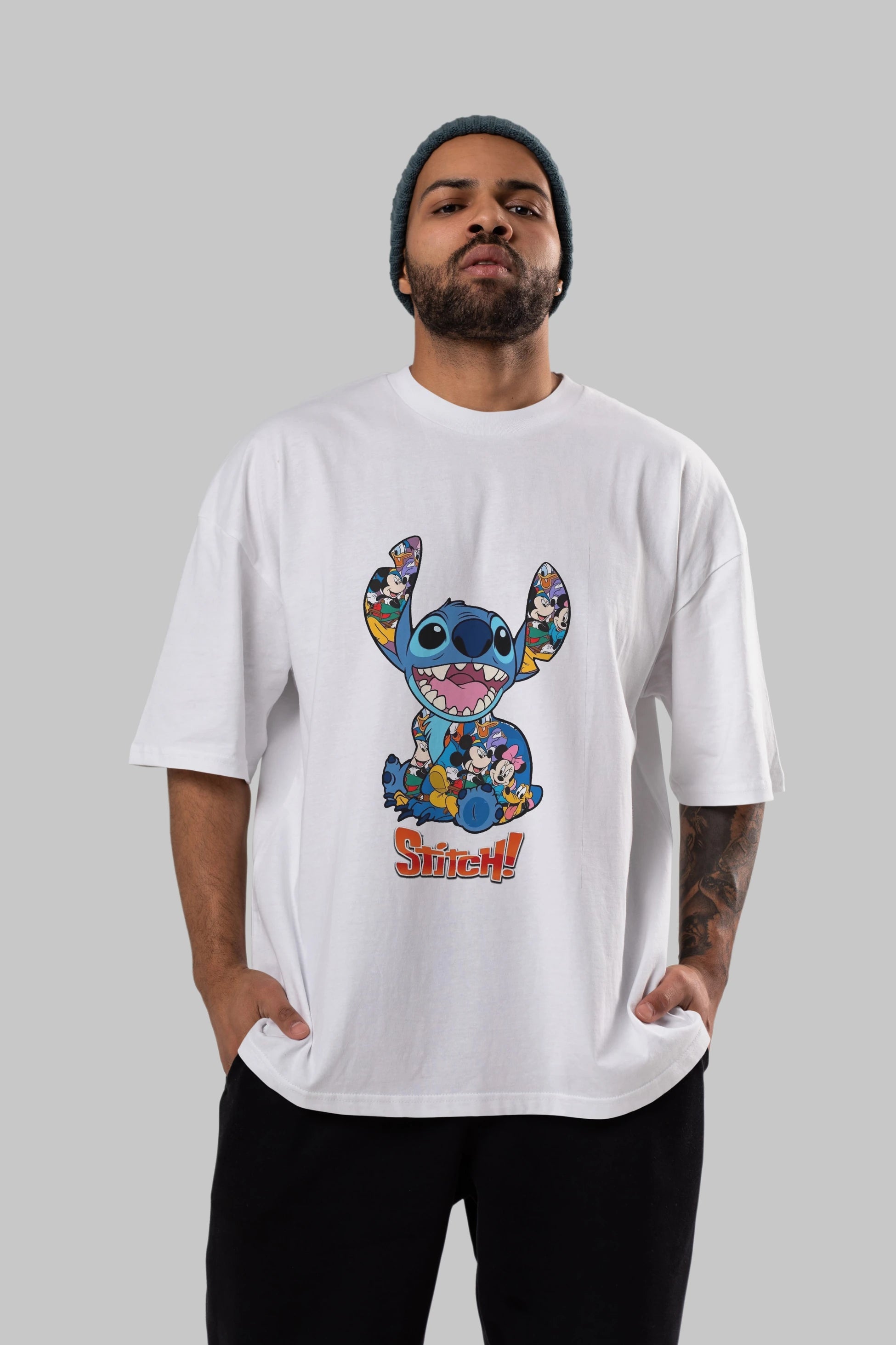 Stitch Ön Baskılı Oversize t-shirt Erkek Kadın Unisex %100 Pamuk Bisiklet Yaka tişort