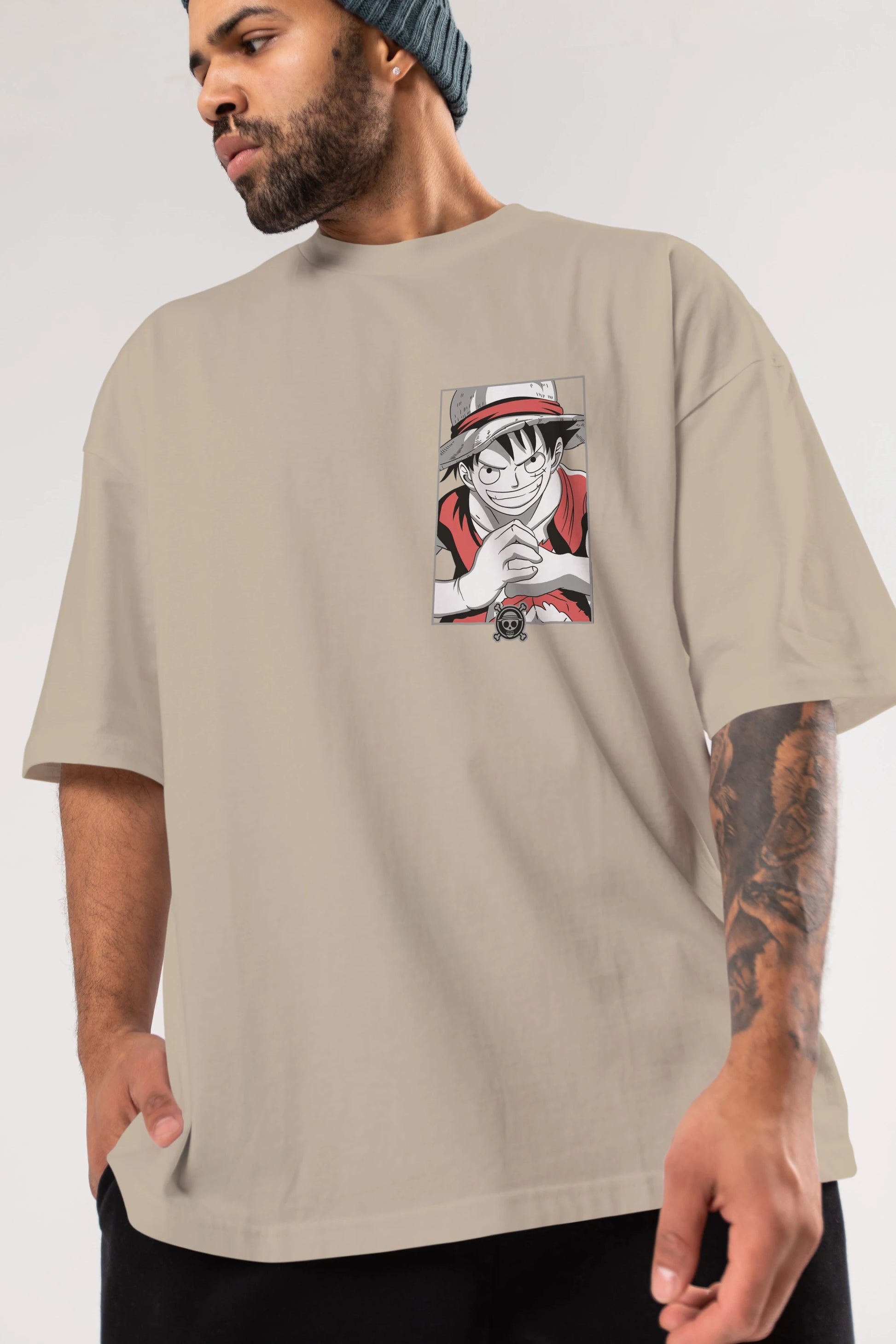 LUFF D. MONKEY OnePiece Ön Sol Baskılı Oversize t-shirt Erkek Kadın Unisex %100 Pamuk Bisiklet Yaka tişort