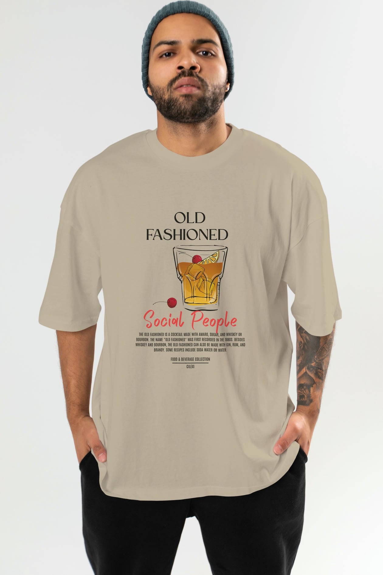 Old Fashıoned Kokteyl Serisi ön Baskılı Oversize t-shirt Erkek Kadın %100 Pamuk Bisiklet Yaka tişort