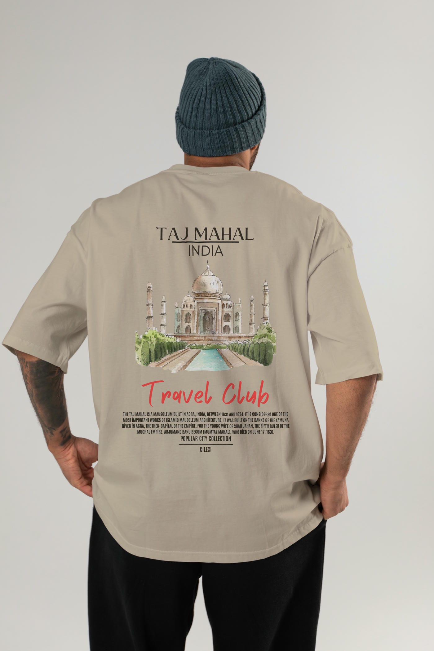 Taj Mahal İndia Arka Baskılı Oversize t-shirt Erkek Kadın Pamuk Bisiklet Yaka tişort