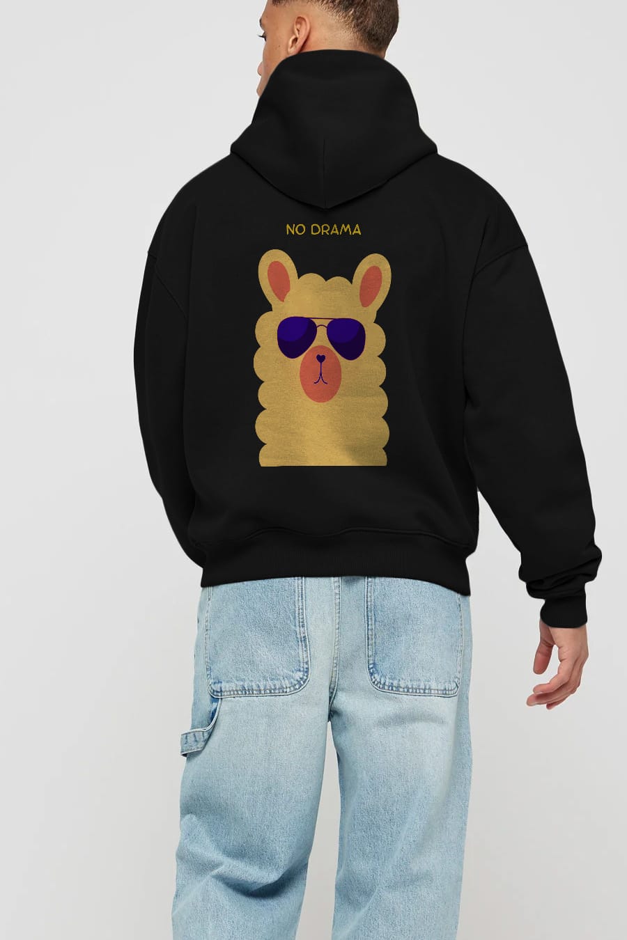 No Drama Yazılı Lama Arka Baskılı Oversize Hoodie Kapüşonlu Sweatshirt Erkek Kadın Unisex