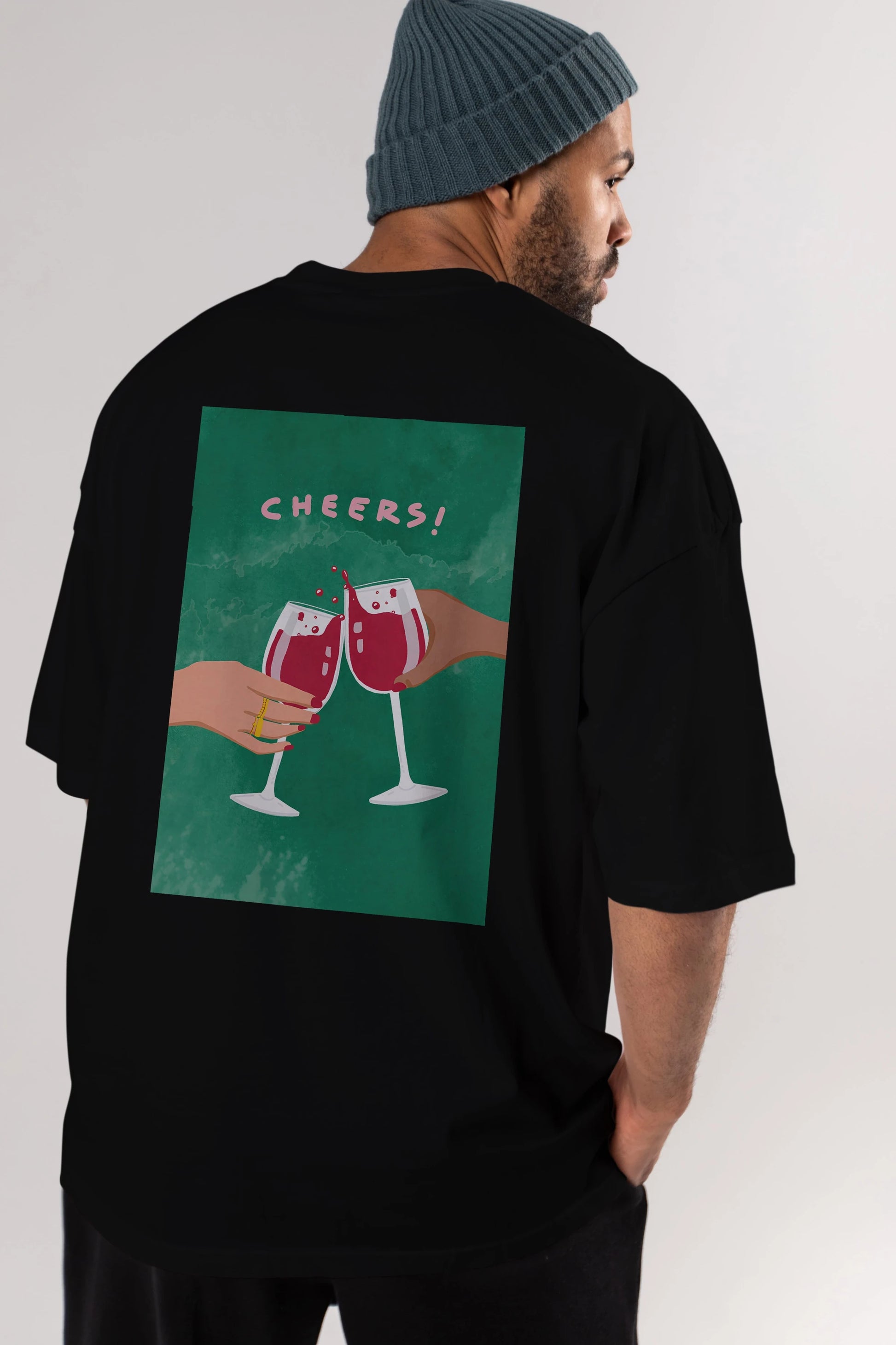 Cheers Arka Baskılı Oversize t-shirt Erkek Kadın Unisex %100 Pamuk Bisiklet Yaka tişort