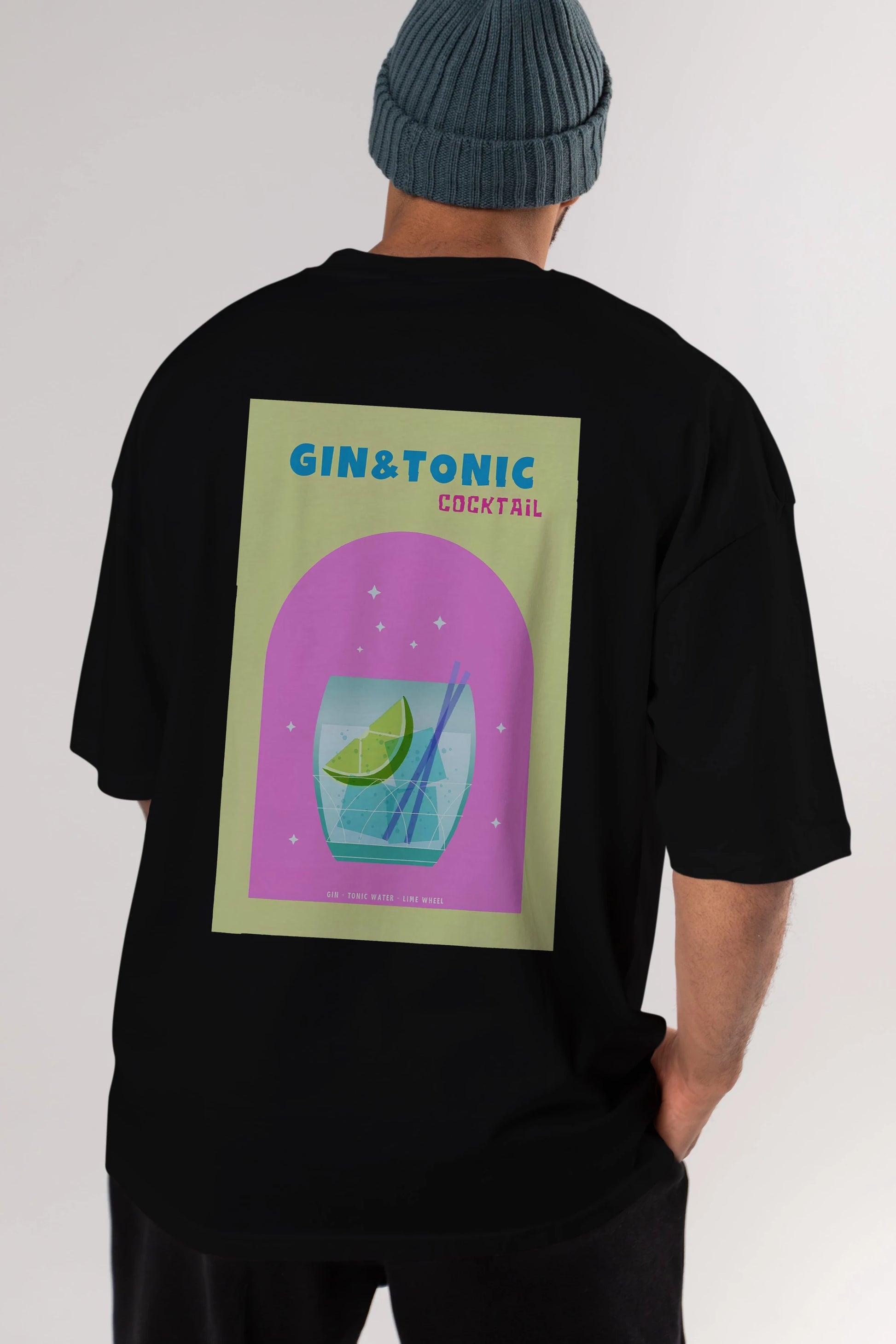 Gin Tonic Cocktail Arka Baskılı Oversize t-shirt Erkek Kadın Unisex %100 Pamuk Bisiklet Yaka tişort