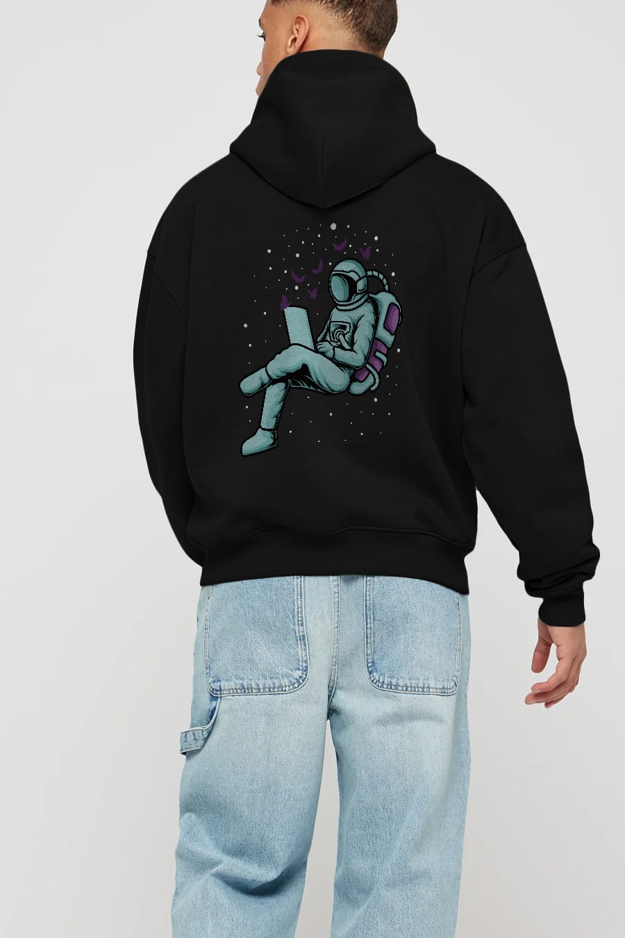 Work with Butterflies in Space Arka Baskılı Hoodie Oversize Kapüşonlu Sweatshirt Erkek Kadın Unisex