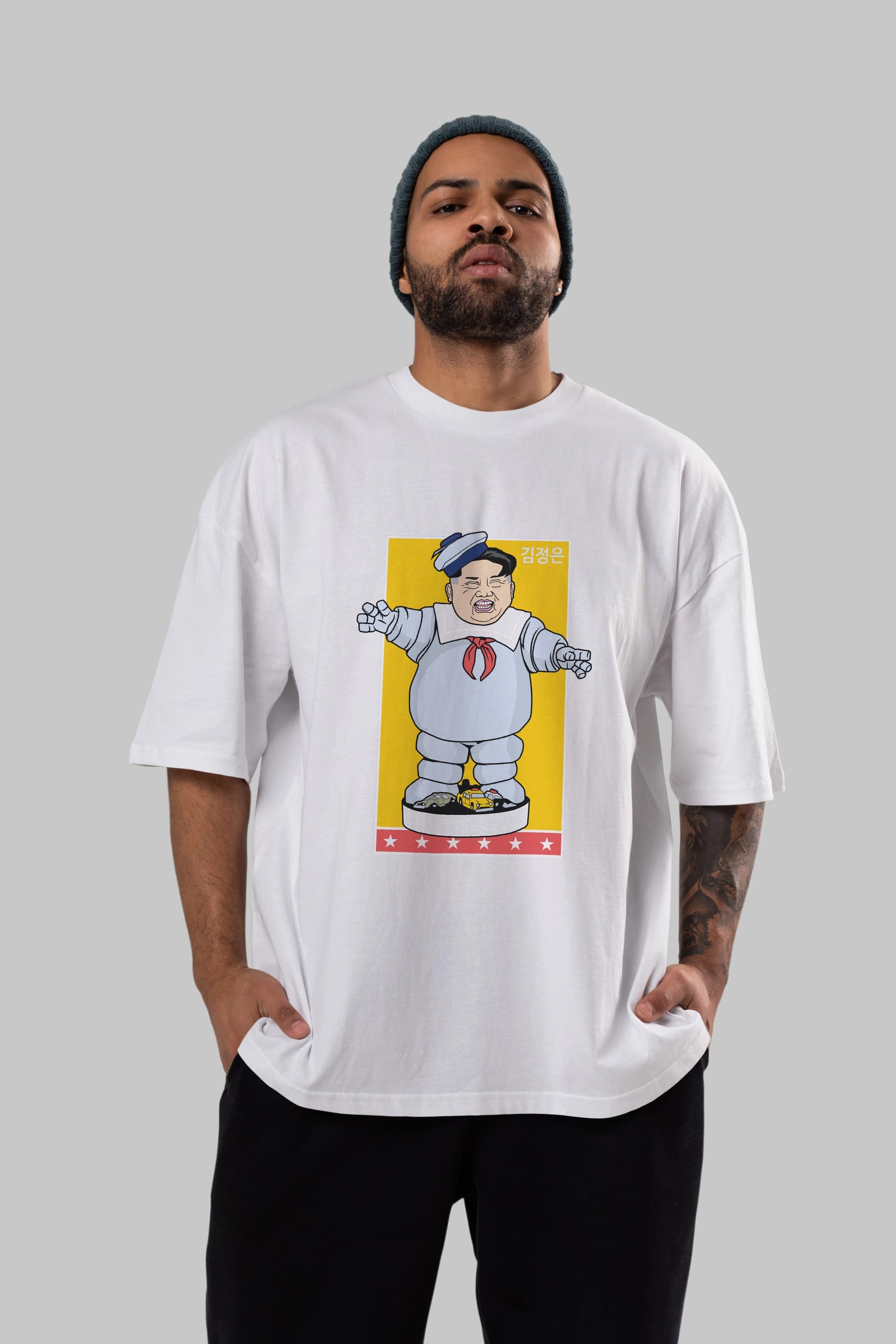 Stay Puft Jong Un Ön Baskılı Oversize t-shirt Erkek Kadın Unisex %100 Pamuk tişort