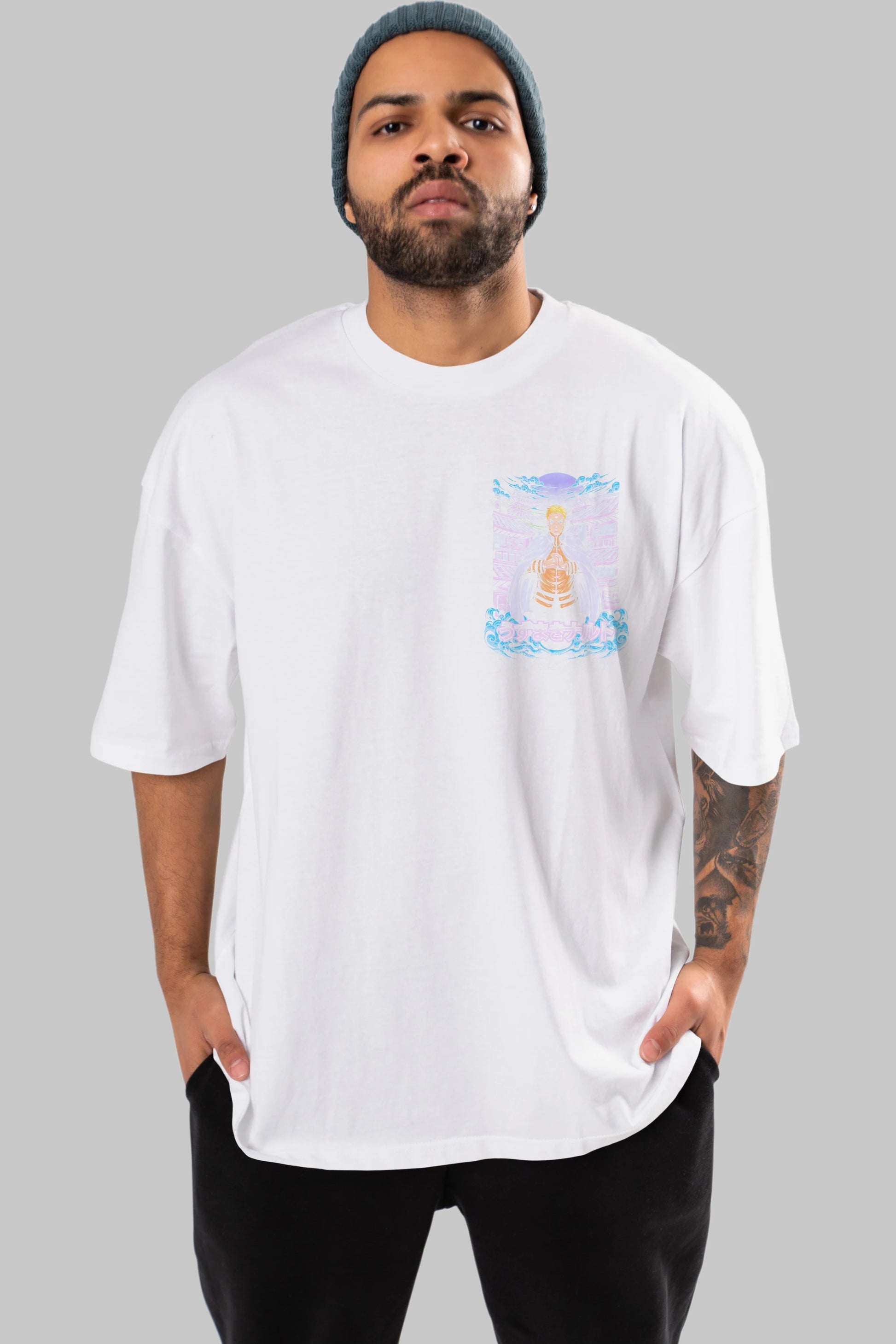 NARUTO (8) Ön Sol Baskılı Oversize t-shirt Erkek Kadın Unisex %100 Pamuk Bisiklet Yaka tişort