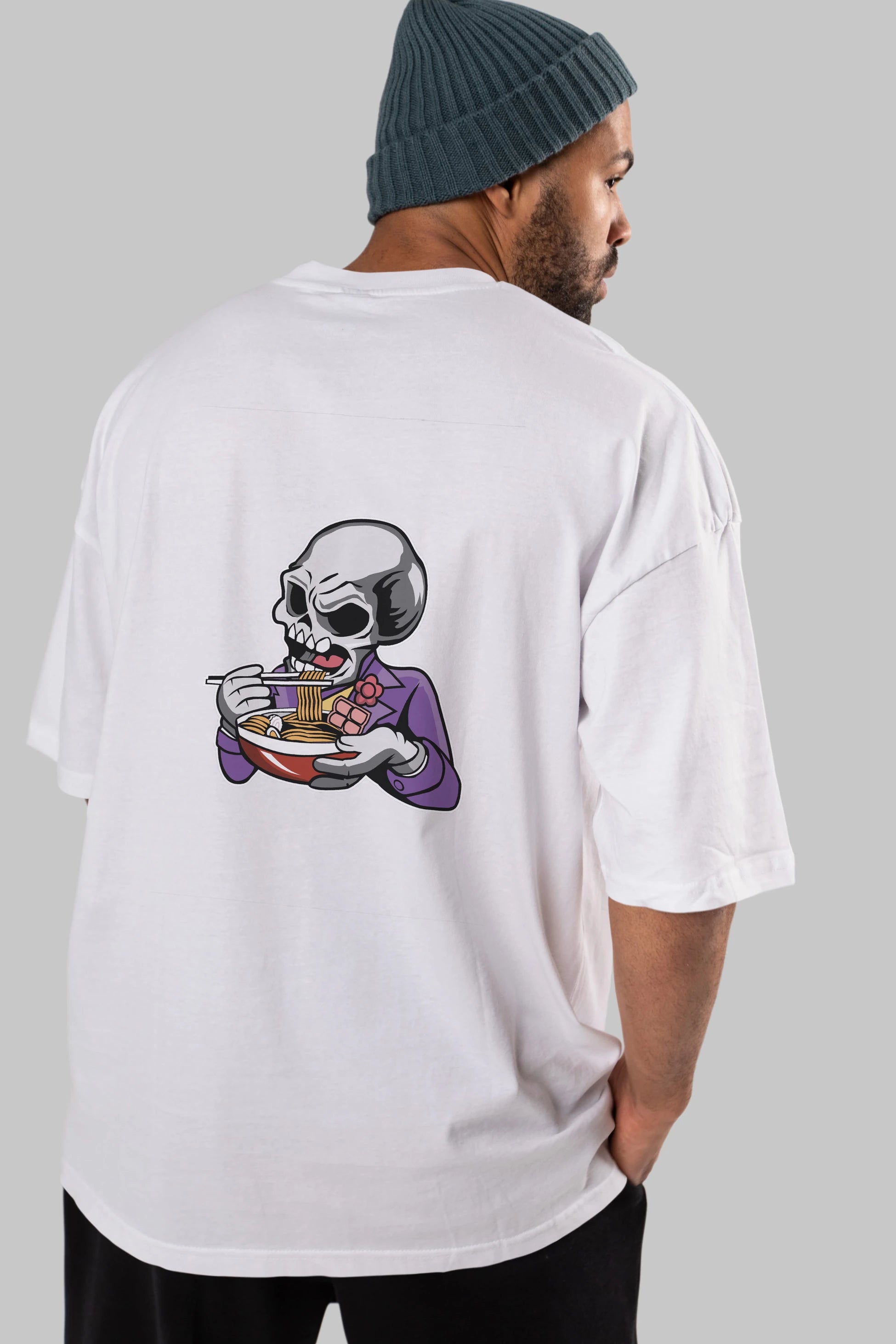 Skull Ramen Arka Baskılı Oversize t-shirt Erkek Kadın Unisex %100 Pamuk tişort