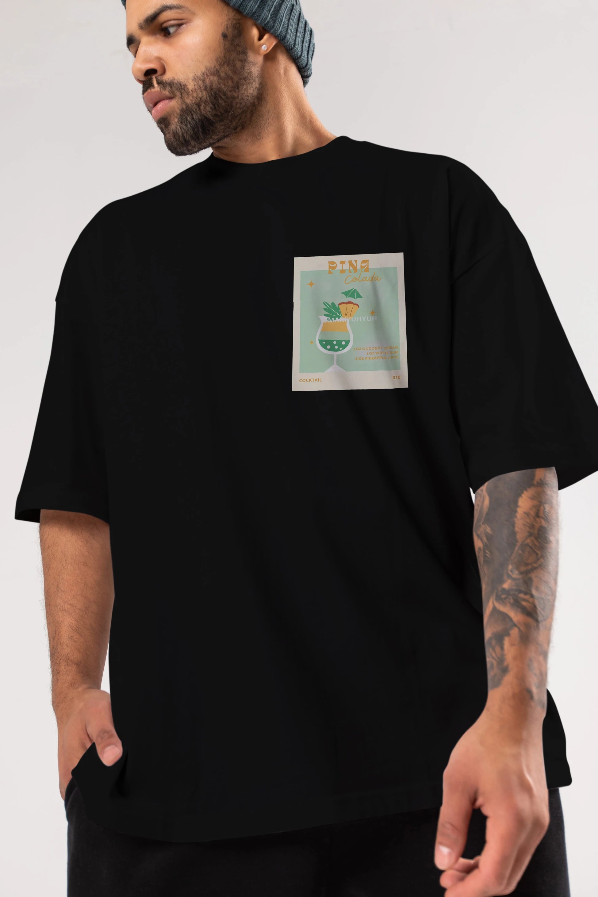 Pina Colada Ön Sol Baskılı Oversize t-shirt Erkek Kadın Unisex %100 Pamuk Bisiklet Yaka tişort