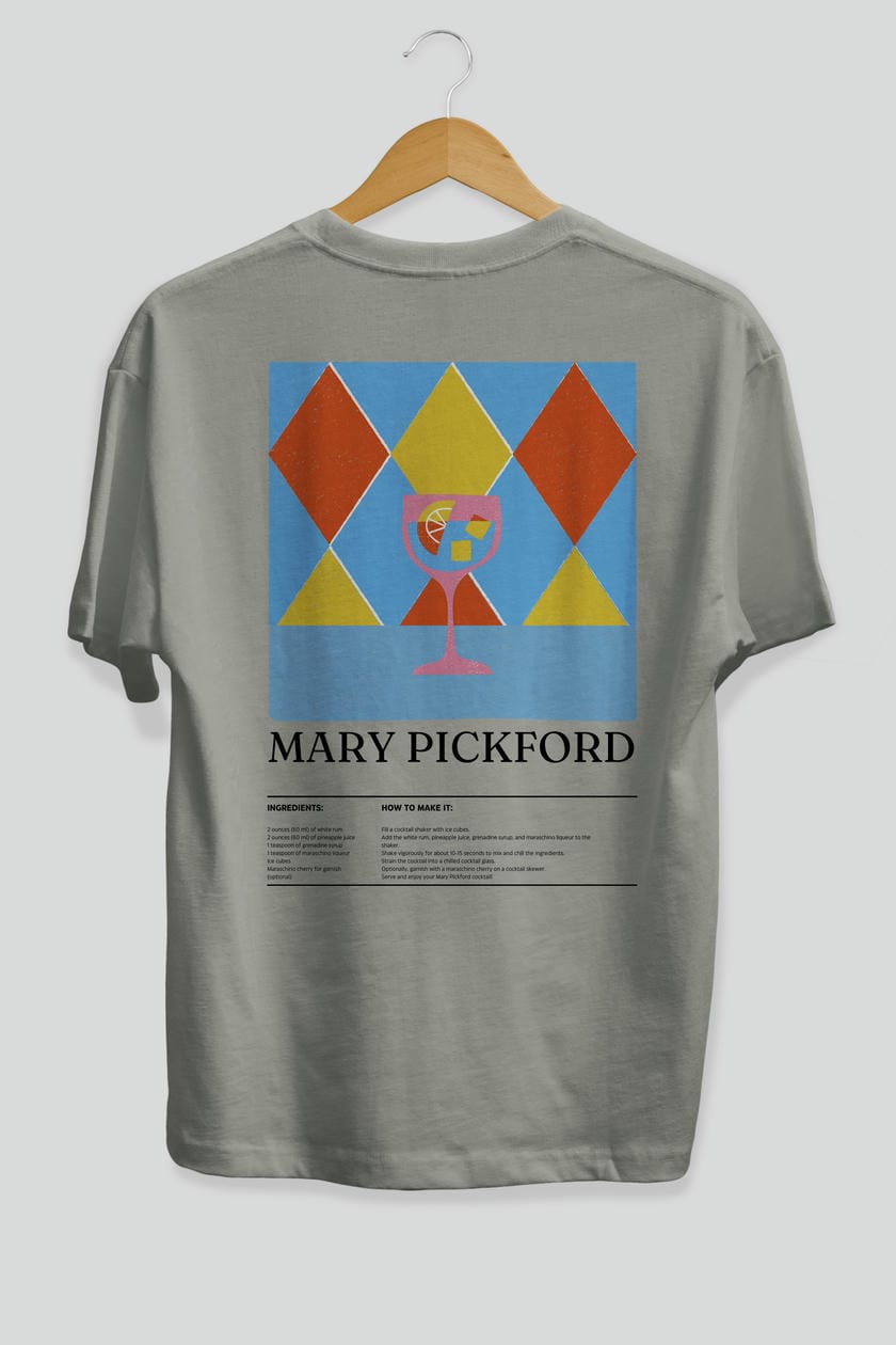 Mary Pickford Kokteyl Serisi Arka Baskılı Oversize t-shirt Erkek Kadın %100 Pamuk Bisiklet Yaka tişort