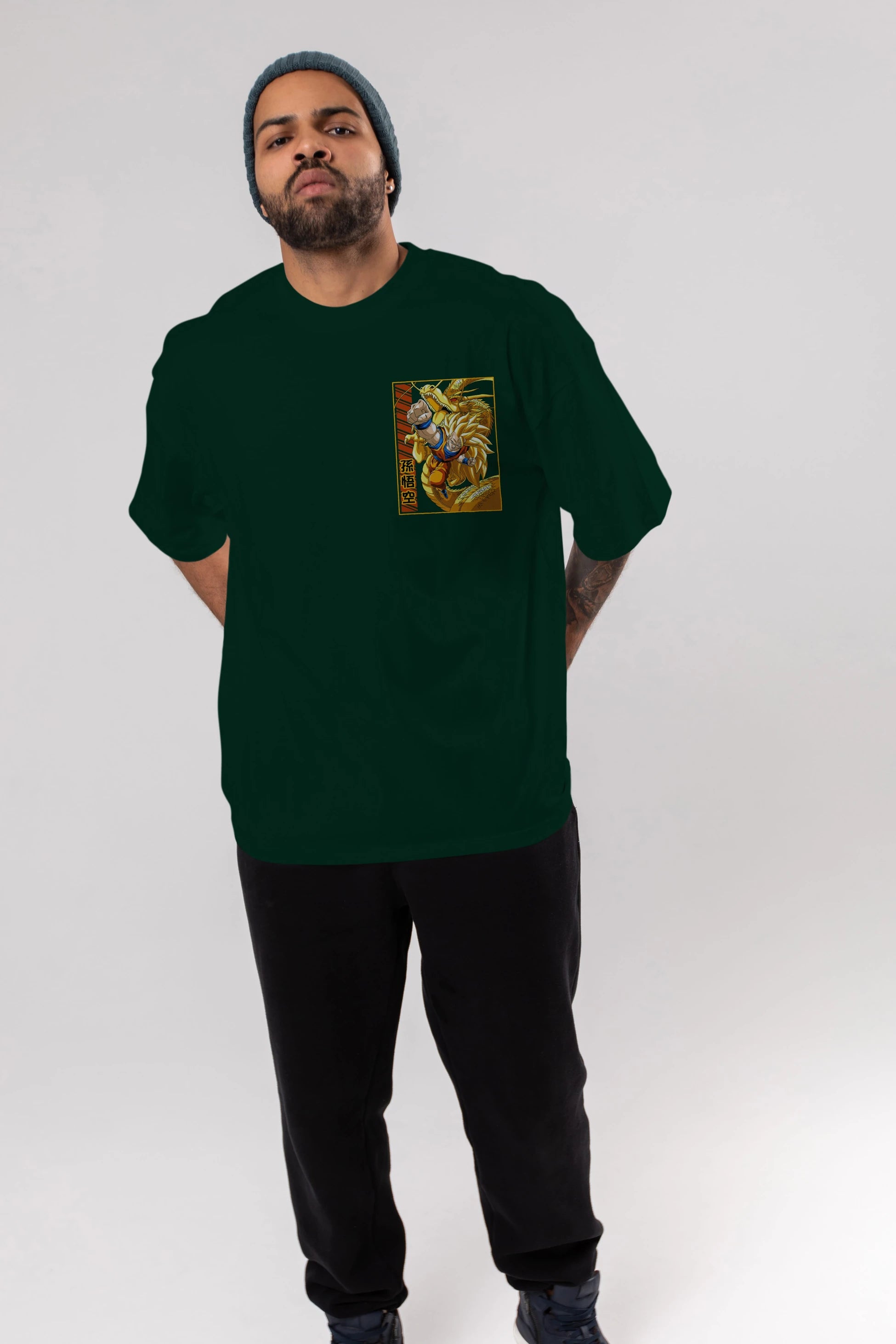 DragonBall Goku Ön Sol Baskılı Oversize t-shirt Erkek Kadın Unisex %100 Pamuk Bisiklet Yaka tişort